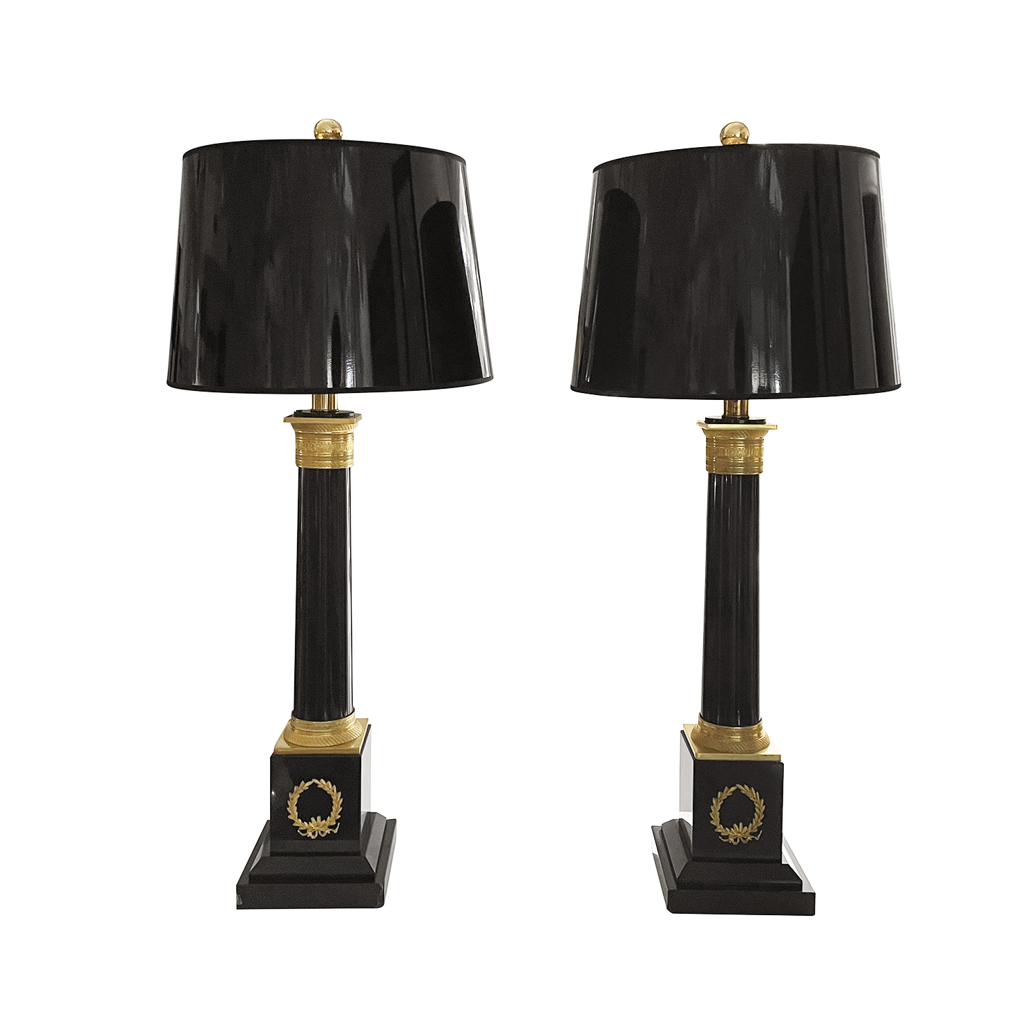 20th Century Black French Pair of Large Marble, Gilded Bronze Table Lamps