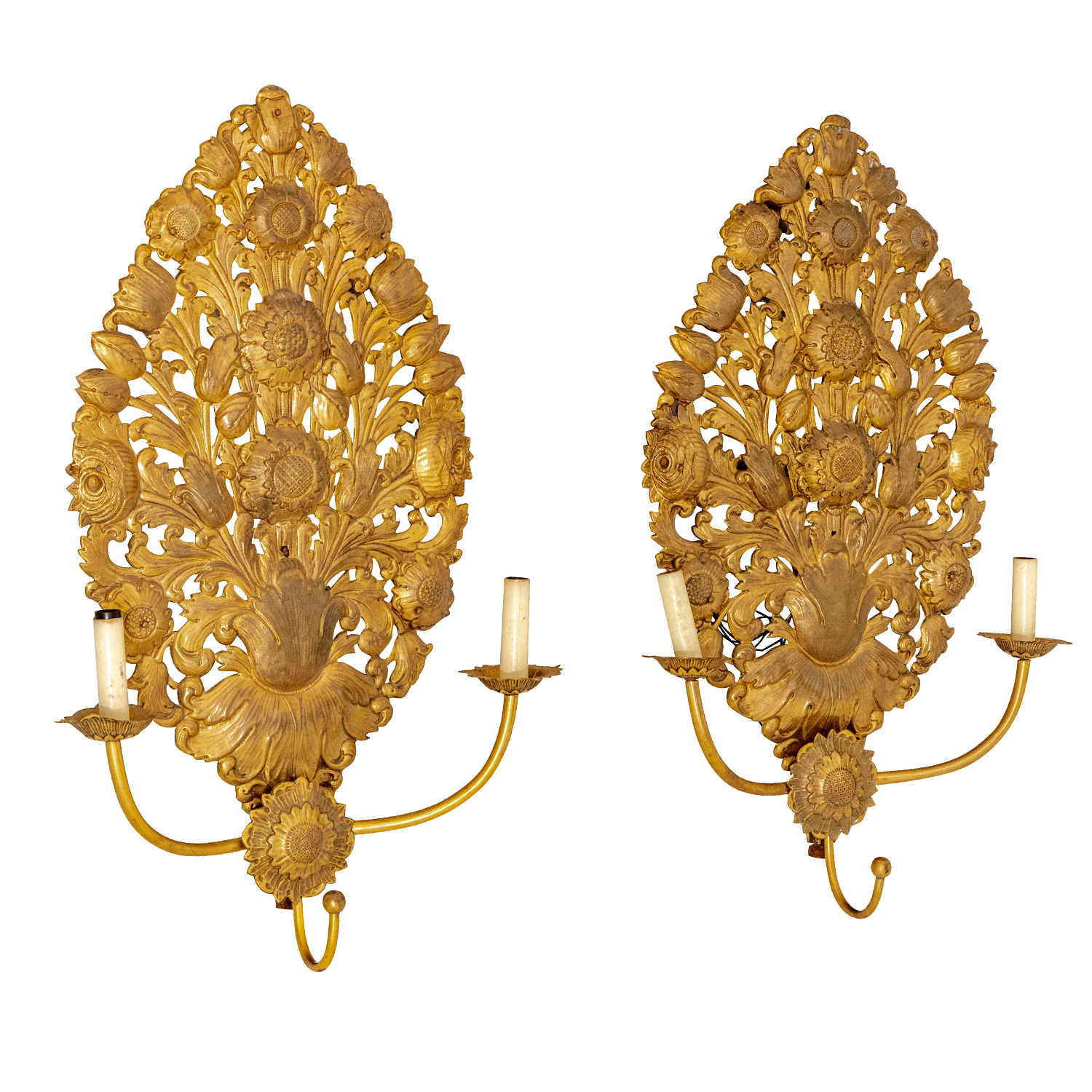 19th Century French Pair of Antique Baroque Gilded Brass Wall Appliques, Sconces