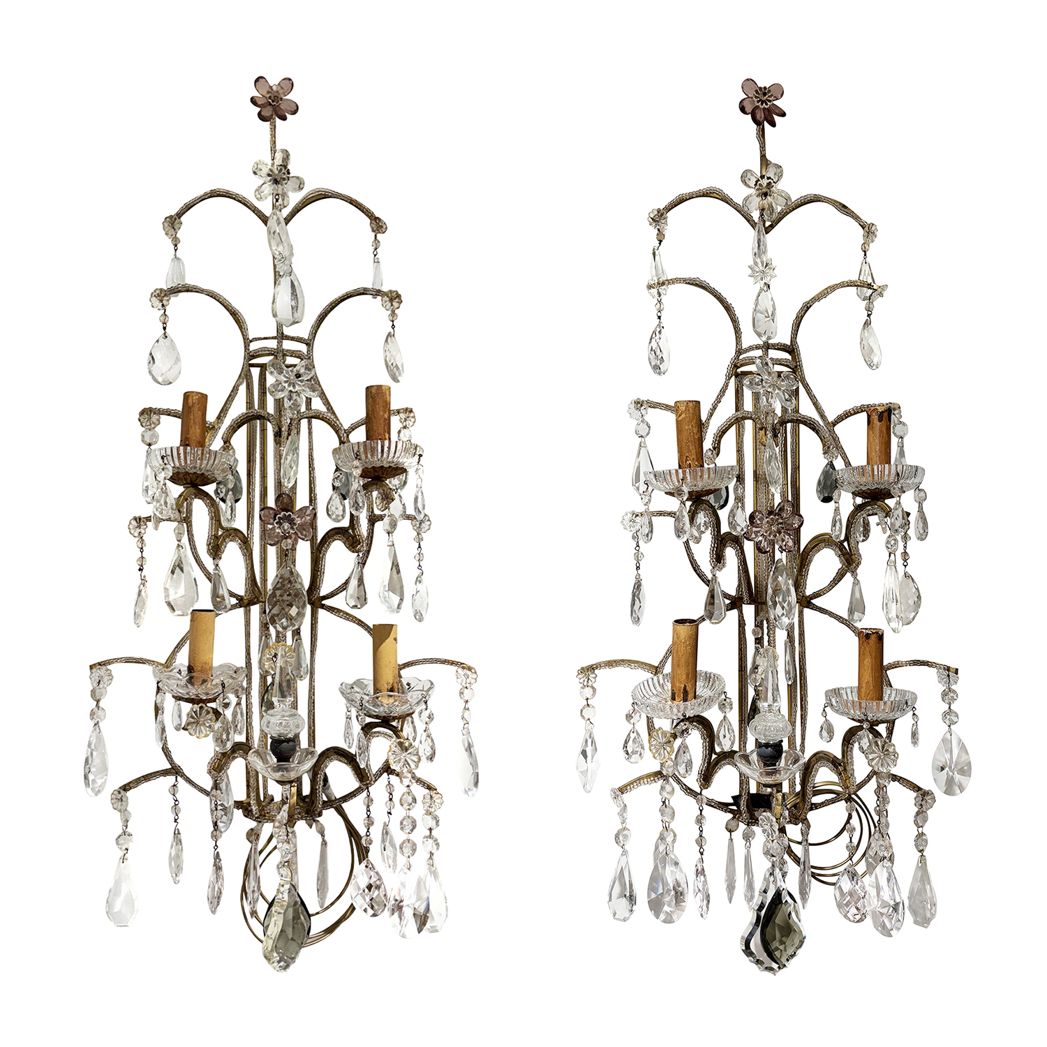 19th Century French Pair of Crystal Glass Wall Sconces – Parisian Wall Candelabras