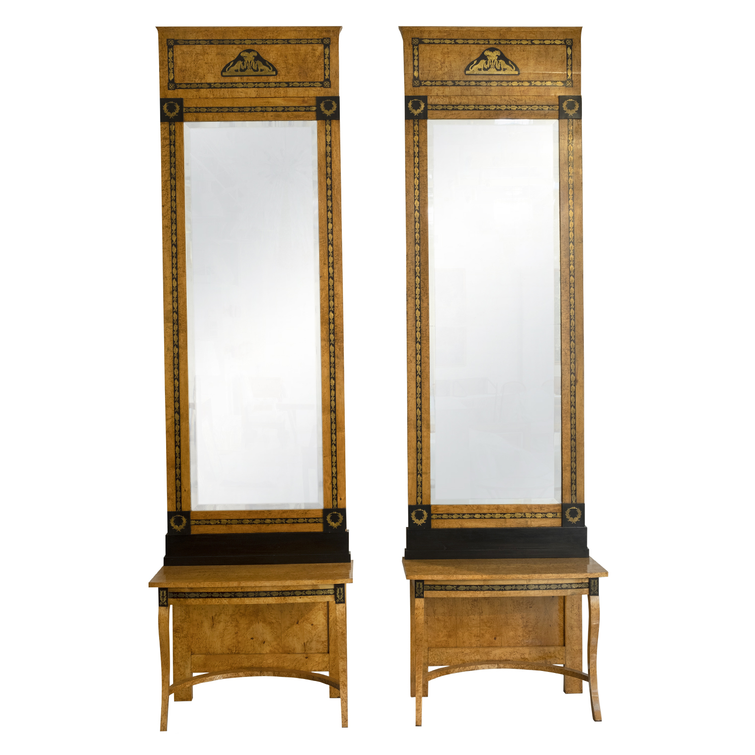 19th Century Russian Pair of Antique Beechwood, Brass Wall Mirrors and Consoles