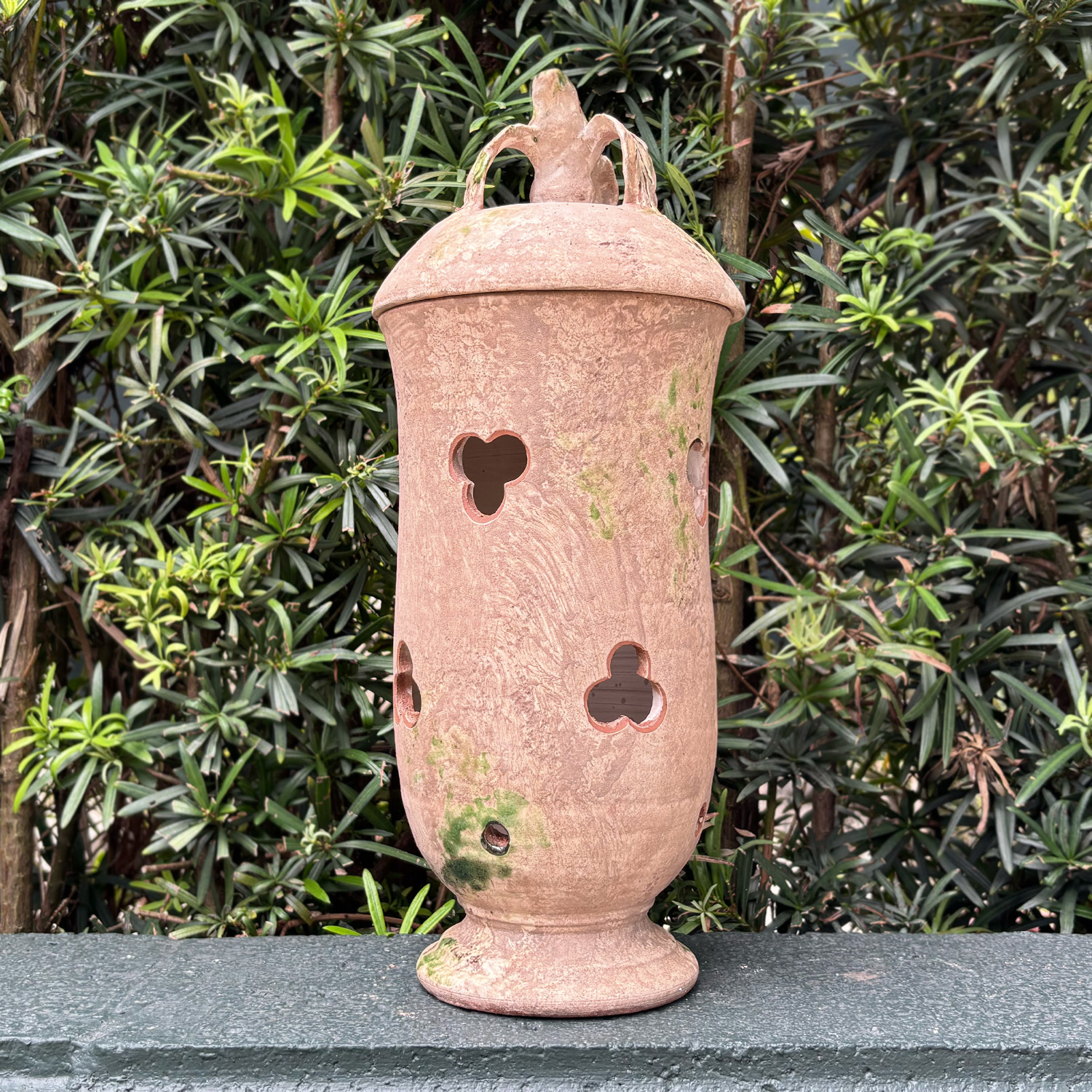 French Lidded Table Lantern in Terra Cotta with Natural Colored Patina