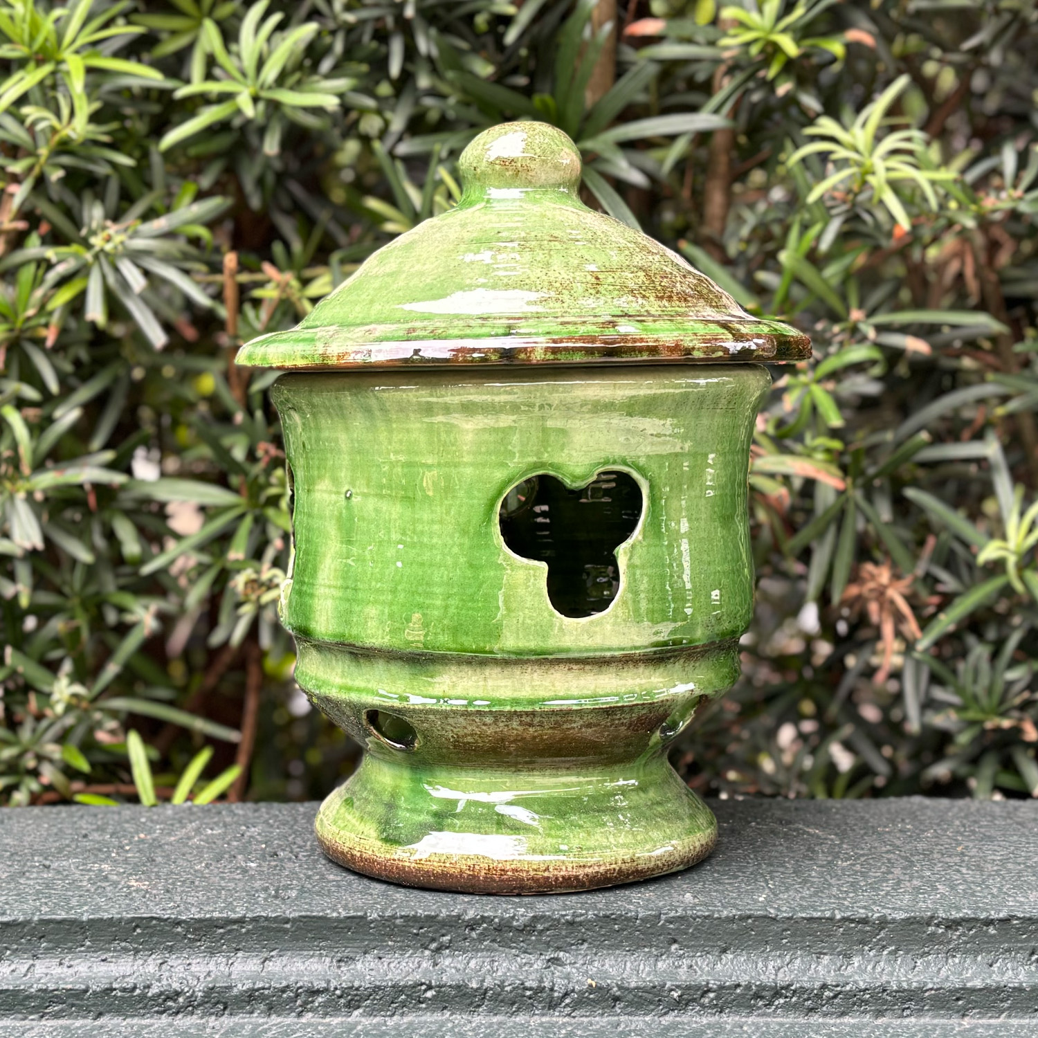 Short Table Lantern in Green Glazed Terra Cotta from France