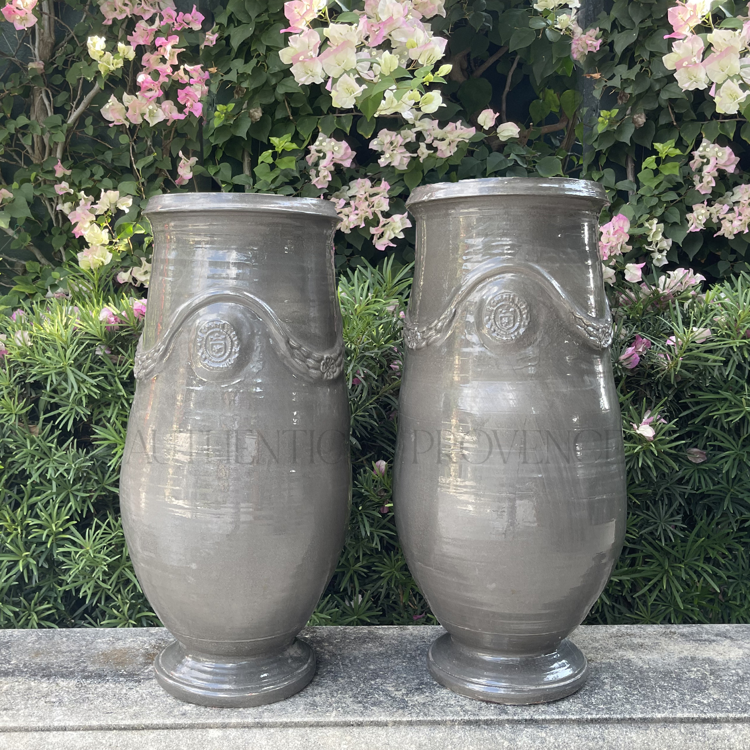 Pair of Tall Gray Provence Jar Planters in Terra Cotta Clay
