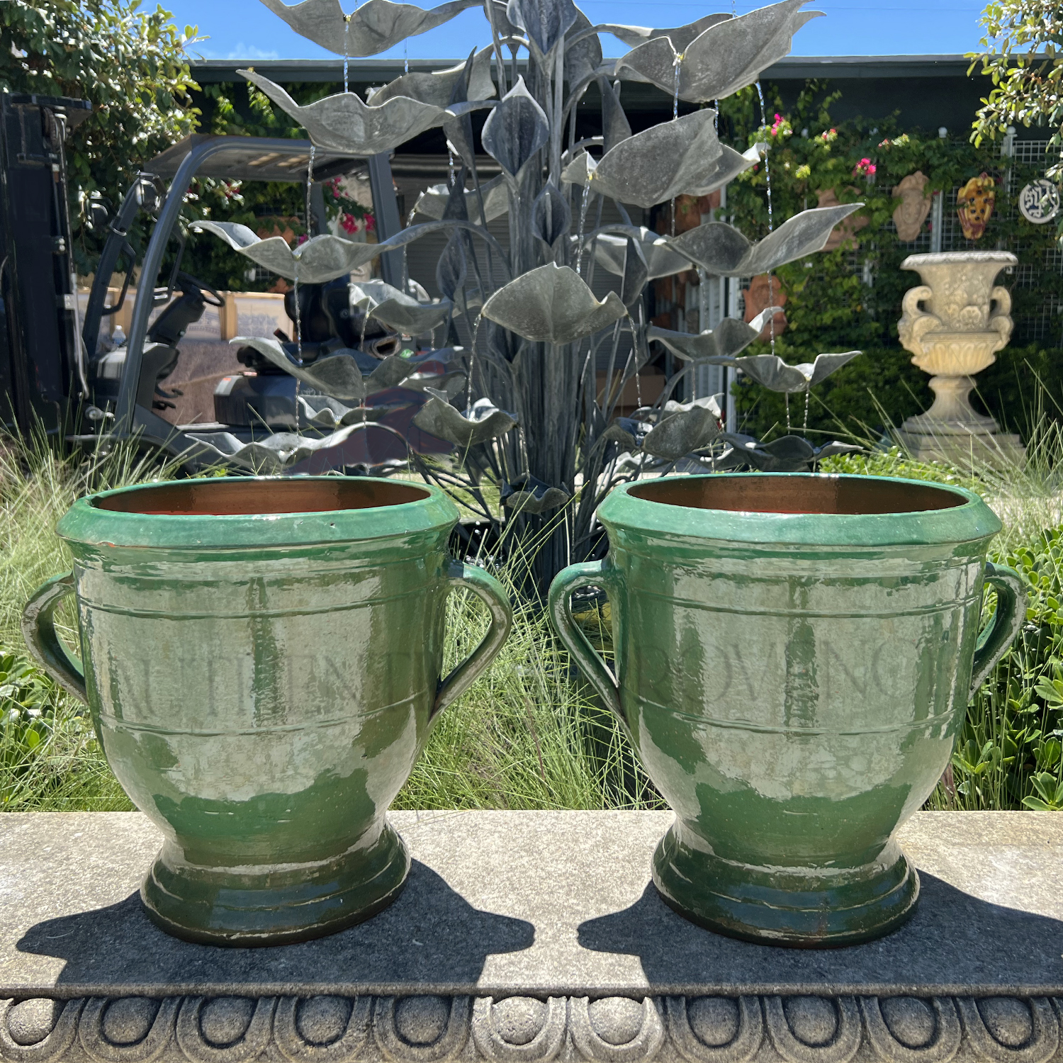 Pair of Green Provencal Planters in Terra Cotta with Two Handles Vert a Deux Anses