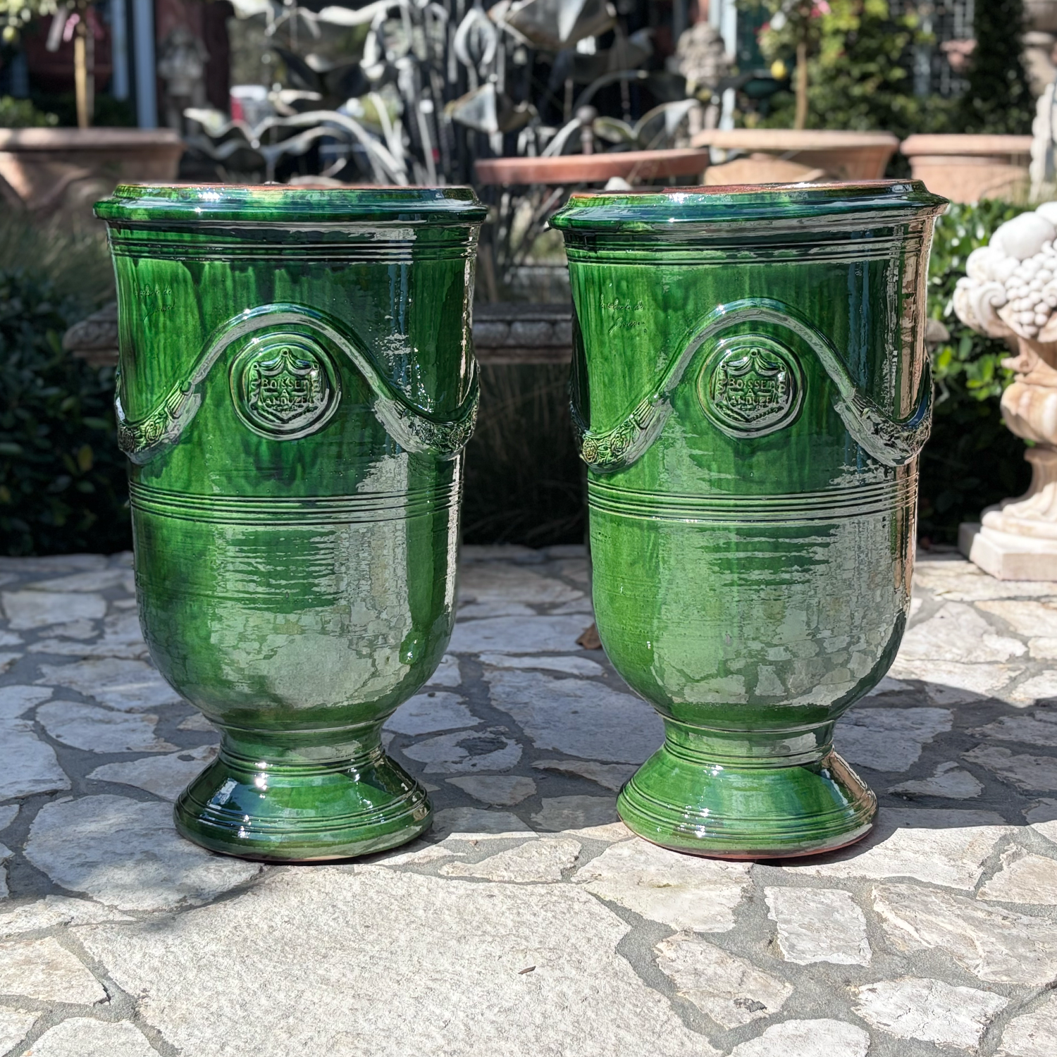 Pair of Tall Slender Anduze Planters in Green Glazed Terracotta