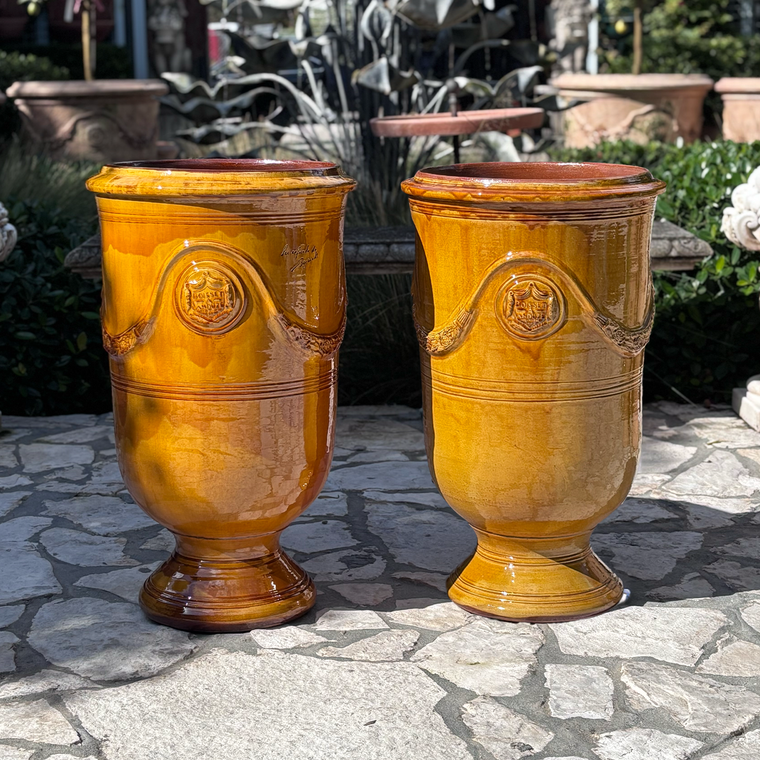 A Pair of Tall Slender Anduze Planters in Yellow Glazed Terracotta