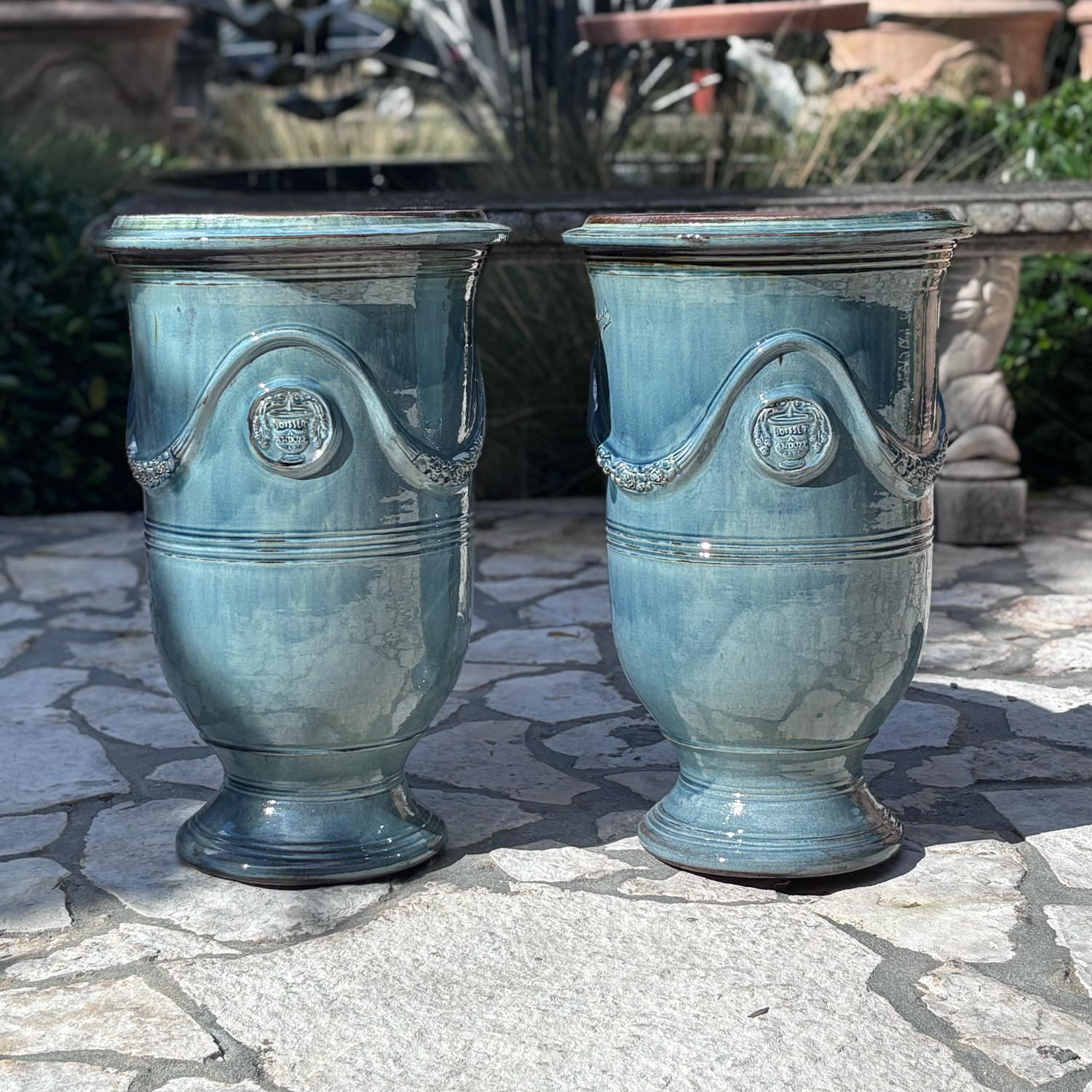 Pair of Tall Slender Anduze Planters in Bleu de Provence Glazed Terracotta