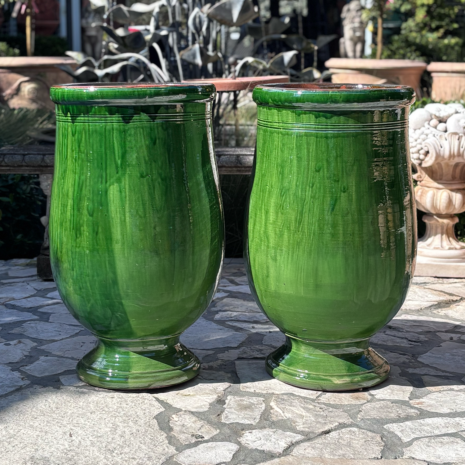 A Pair of Large Provencal Garden Olive Jars in Terra Cotta with a Green Glaze