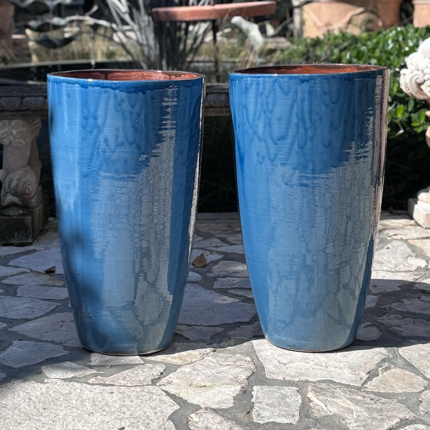Pair of Blue Glazed Anduze Terracotta Garden Pots from Provence