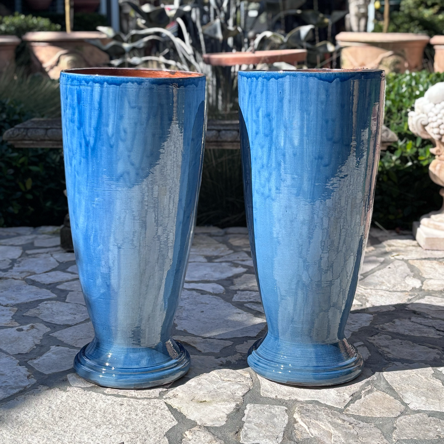 A Set of Two Med Blue Ovoid Shaped Garden Planters from Provence