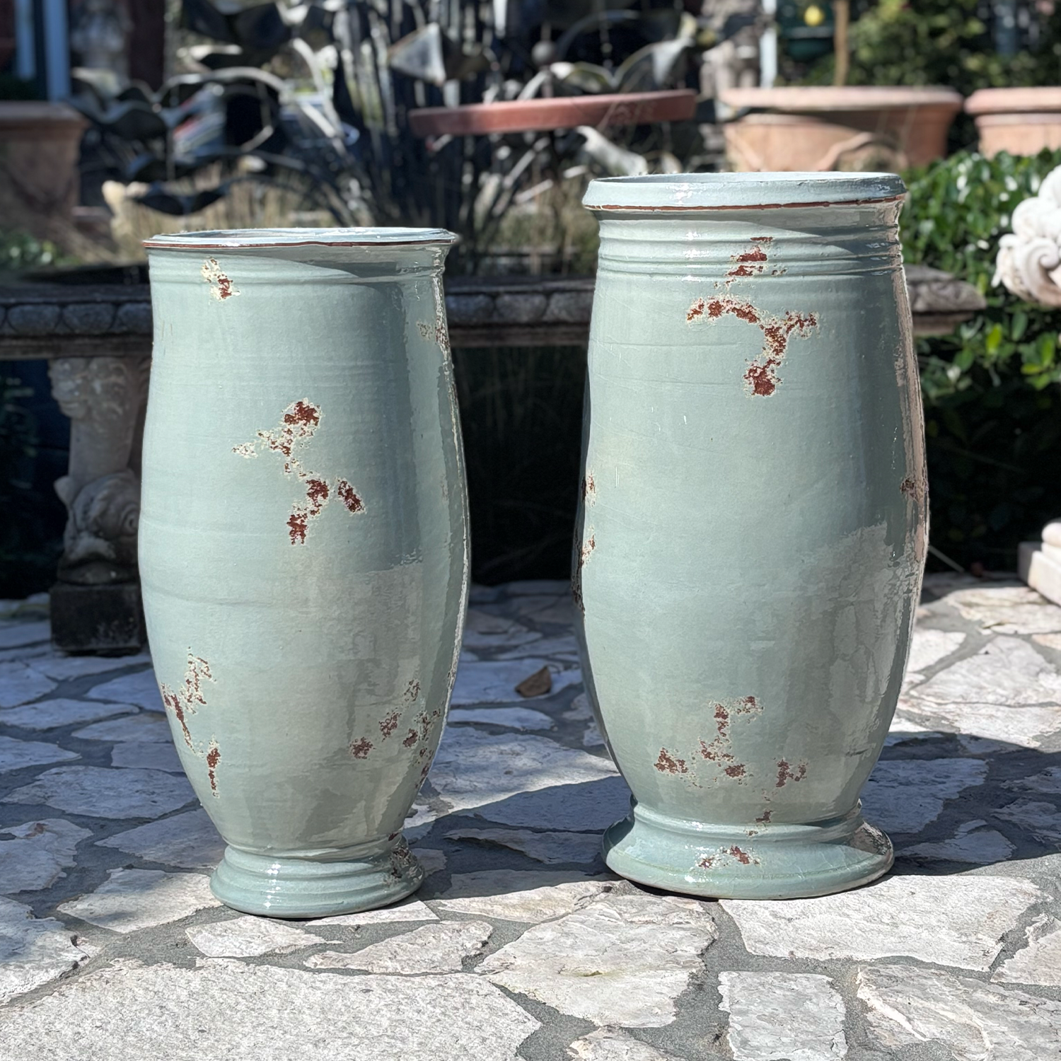 Set of Two Acqua Coloured Ovoid Shaped Garden Jars  from Provence