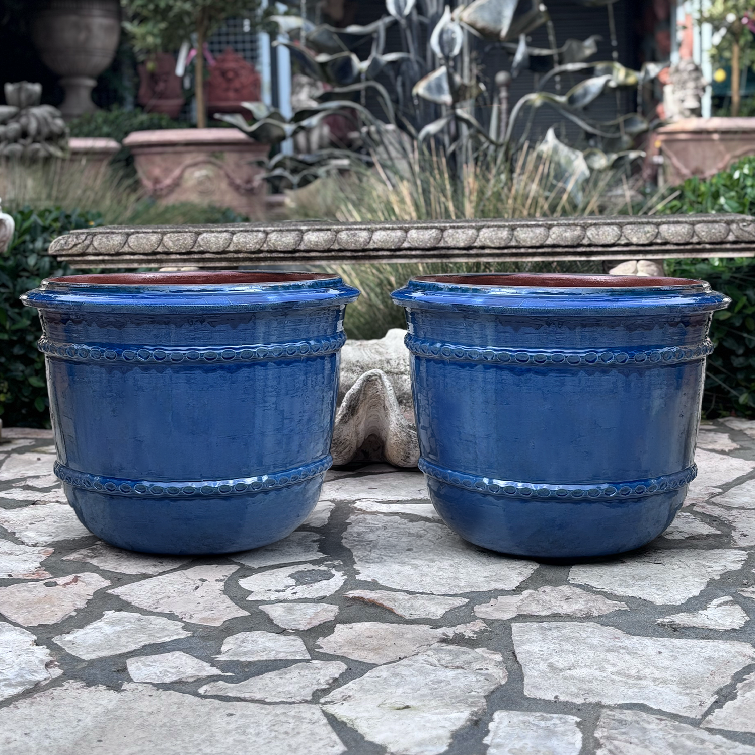 Pair of Short Anduze Garden Planters in Cobalt Blue from the South of France