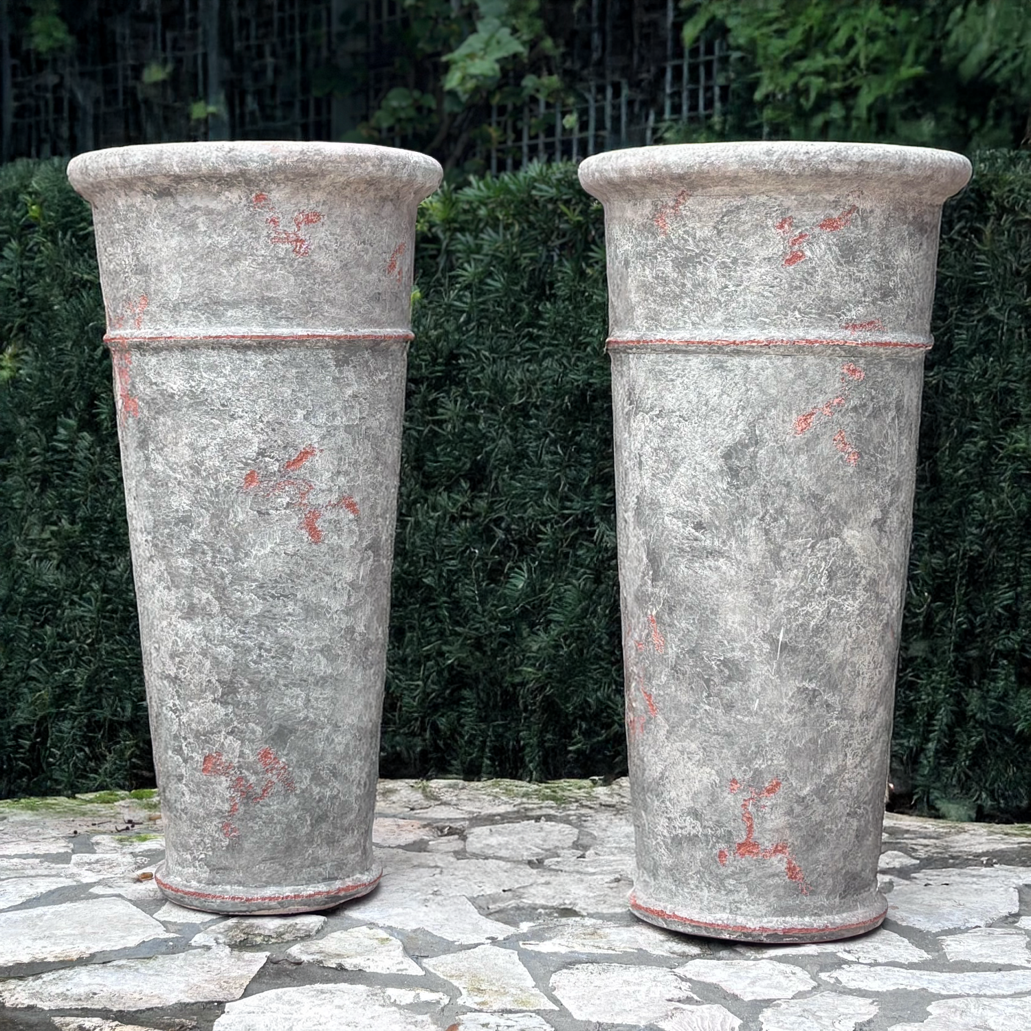 Pair of Tall Provençal Terracotta Garden Pots in Grey Patina