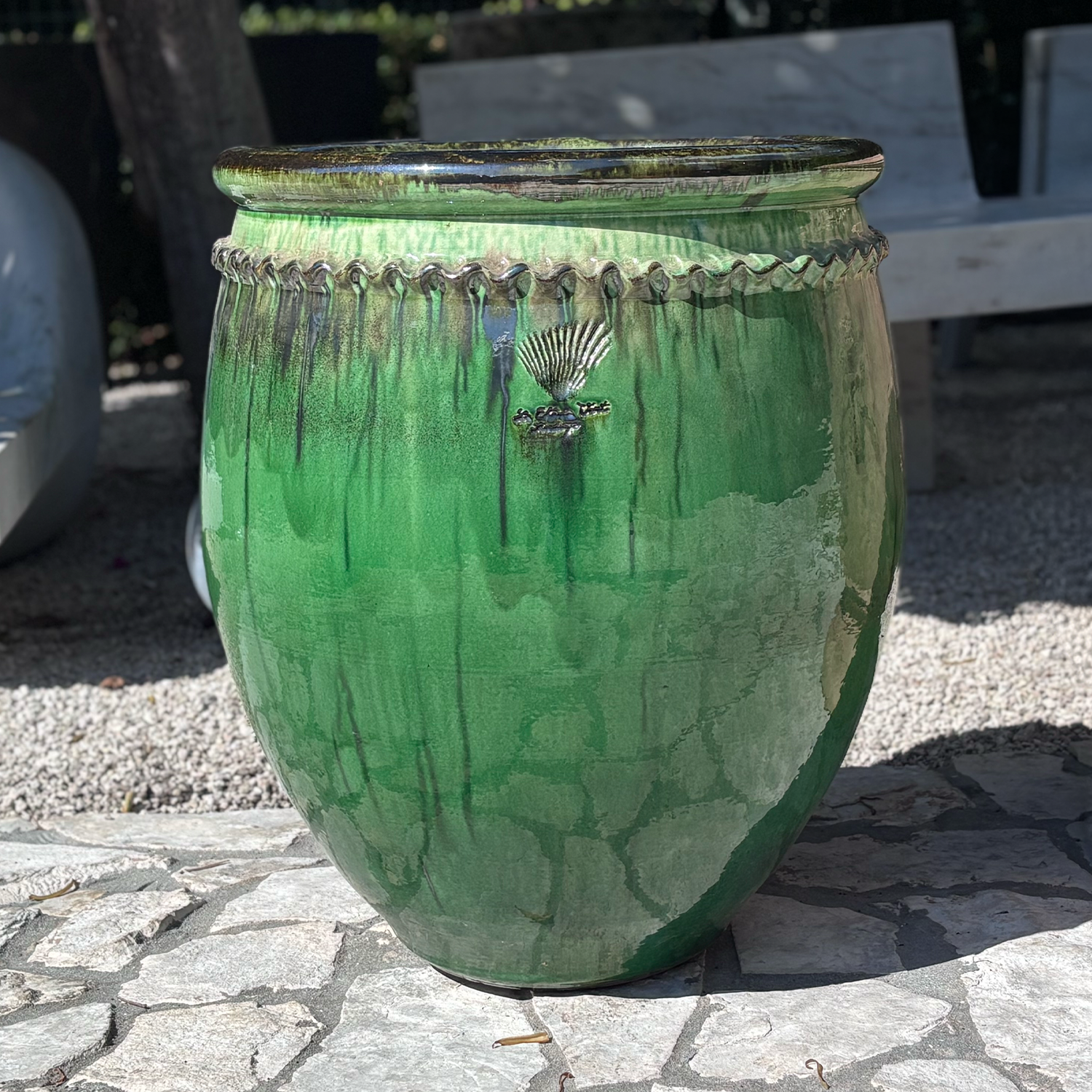 A Wide Rimmed French Terra Cotta Garden Pot hand made with  luscious green glaze
