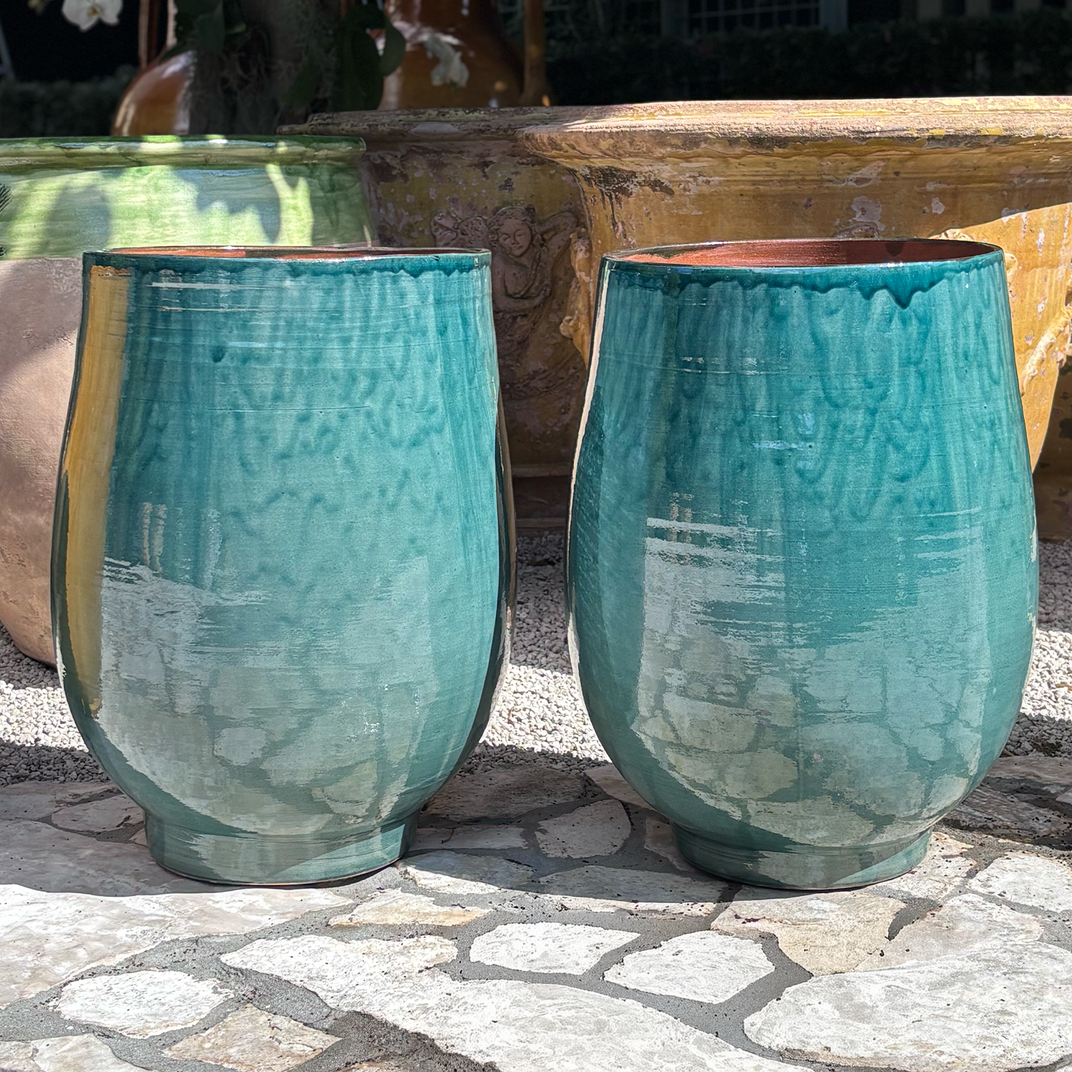 A Pair of Bulbous Provencal Turquoise Garden Pots in Terra Cotta from France