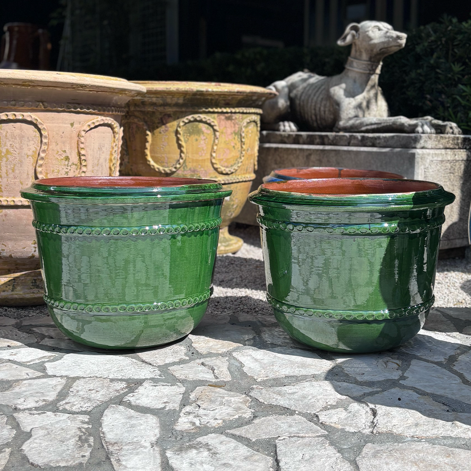Pair of Green Glazed Chunky Anduze Terracotta Garden Pots