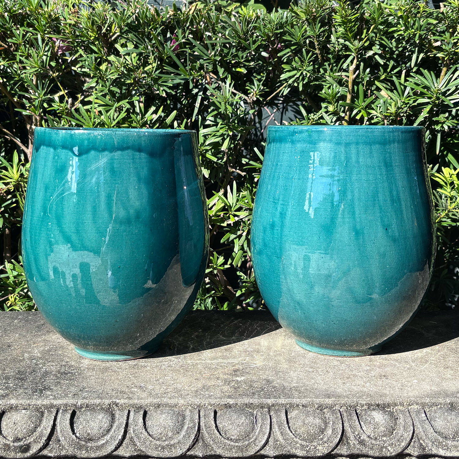 A Set of Two Bulbous Provençal Terracotta Garden Pots in Turquoise Glaze