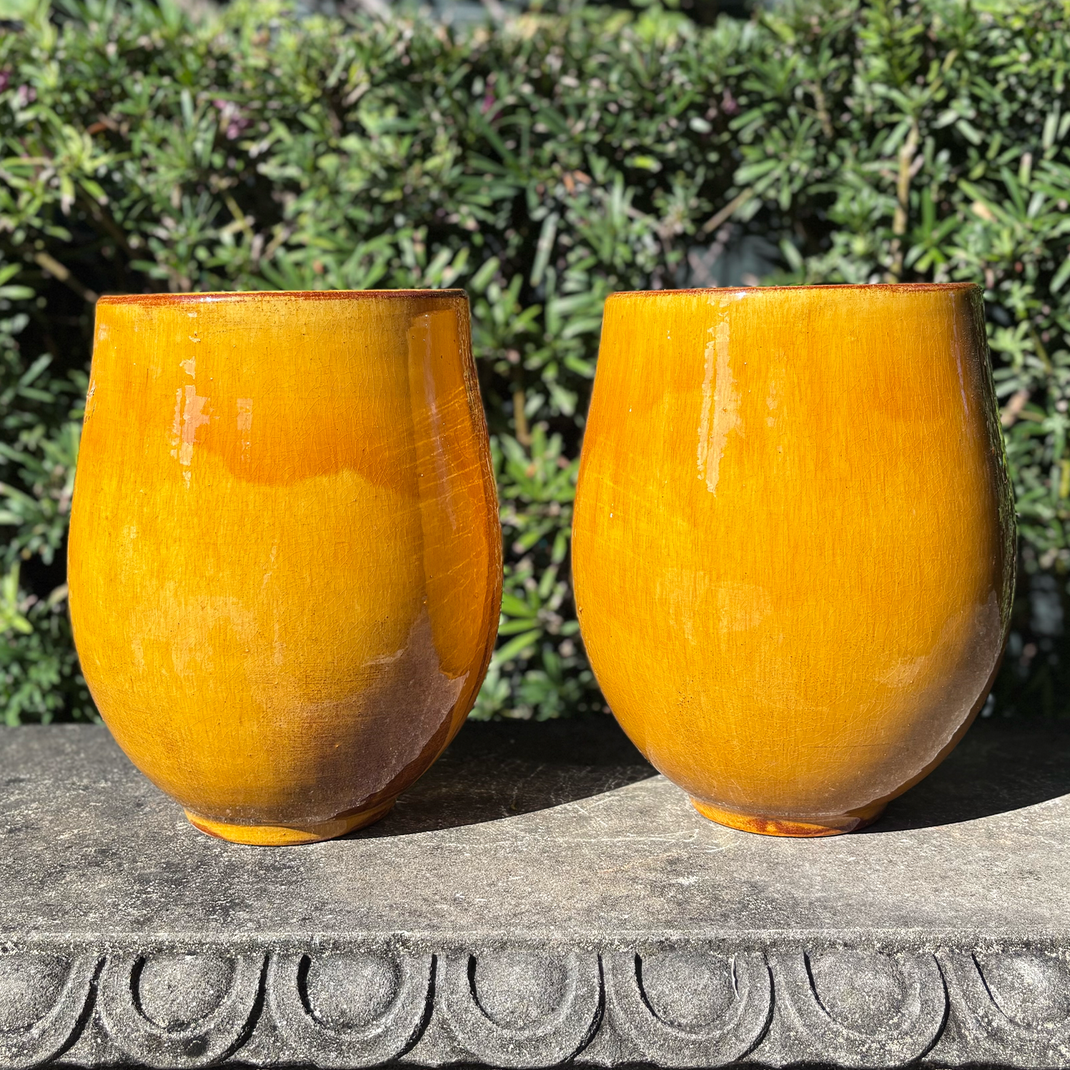 Pair of Bulbous Bright Yellow French Terracotta Garden Pots from Provence