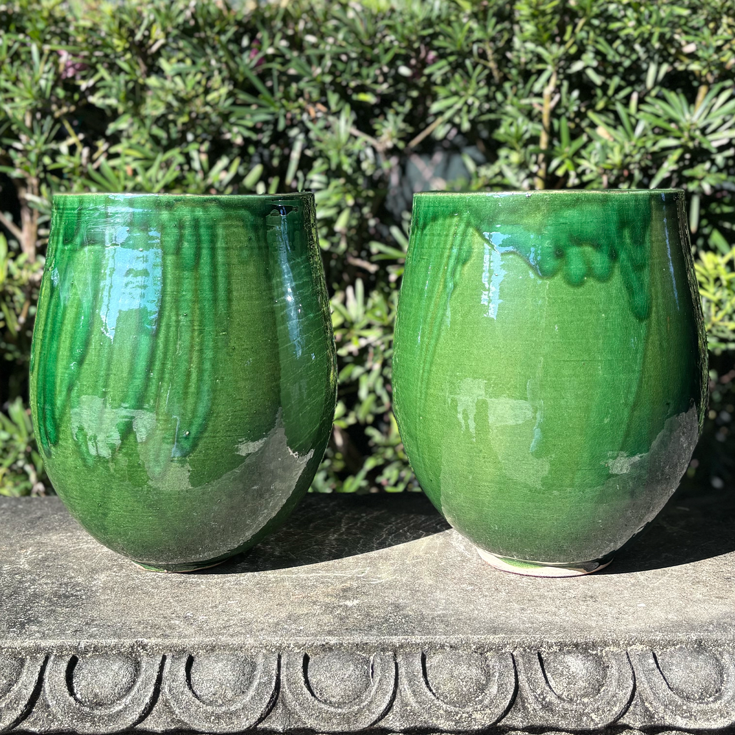 A Pair of Bulbous Green Provencal Garden pots in terra cotta from France