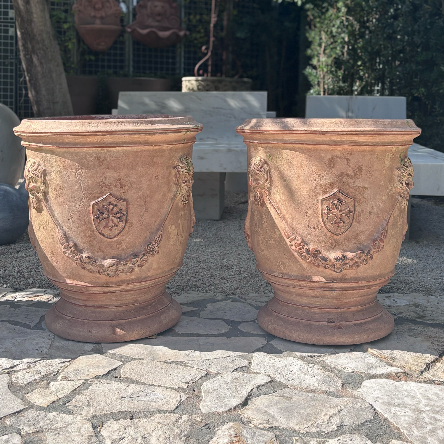 French Garden Planter with Antiqued Patina, Garlands & Cross Motif