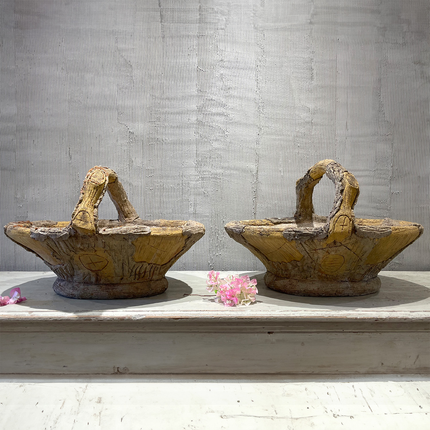 A Set of Two 19th Century Faux Bois Concrete Shallow Baskets from France
