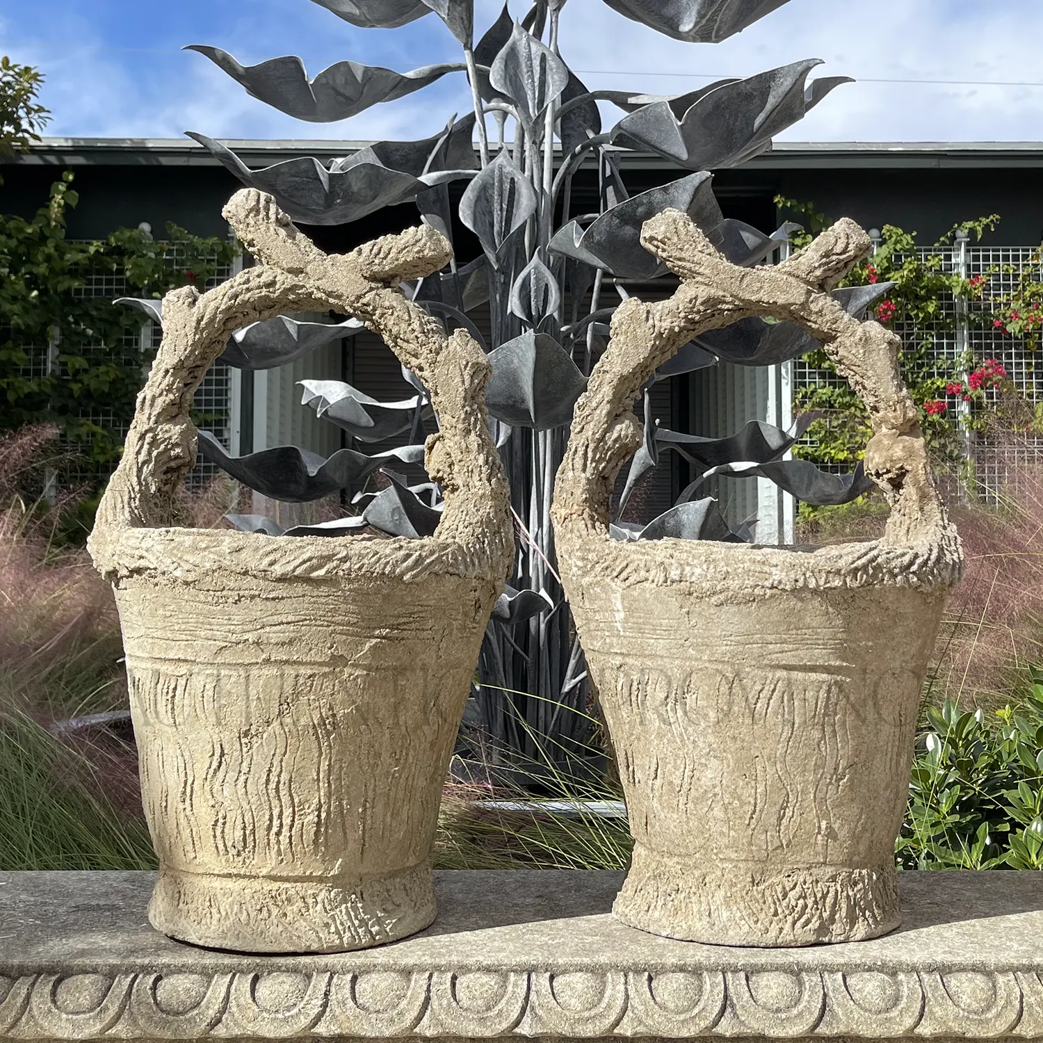 Pair of Tall Faux Bois Cement Basket Planters
