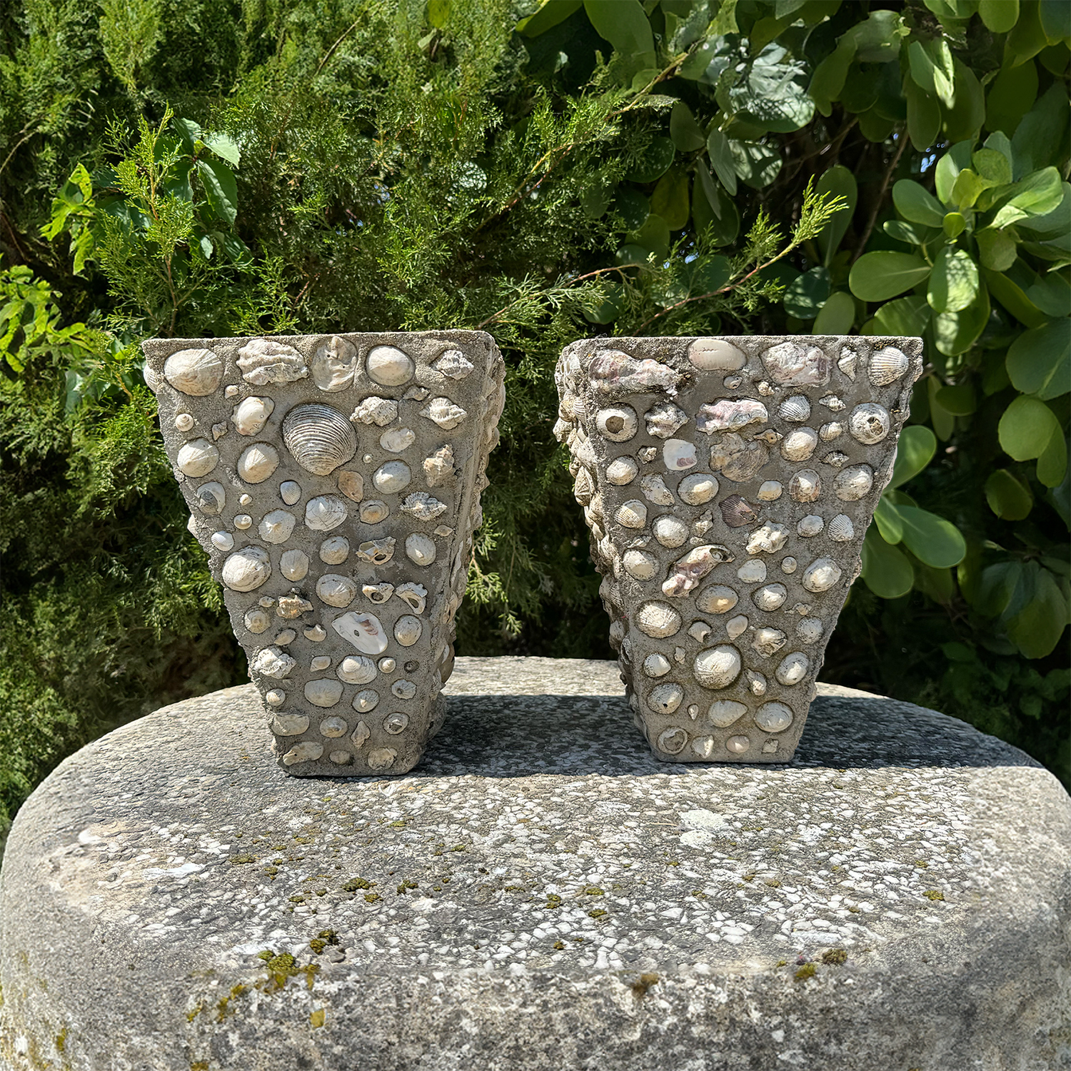 Set of Two French Folk Art Concrete and Sea Shell Planters, Ile de Ré, Circa 1930