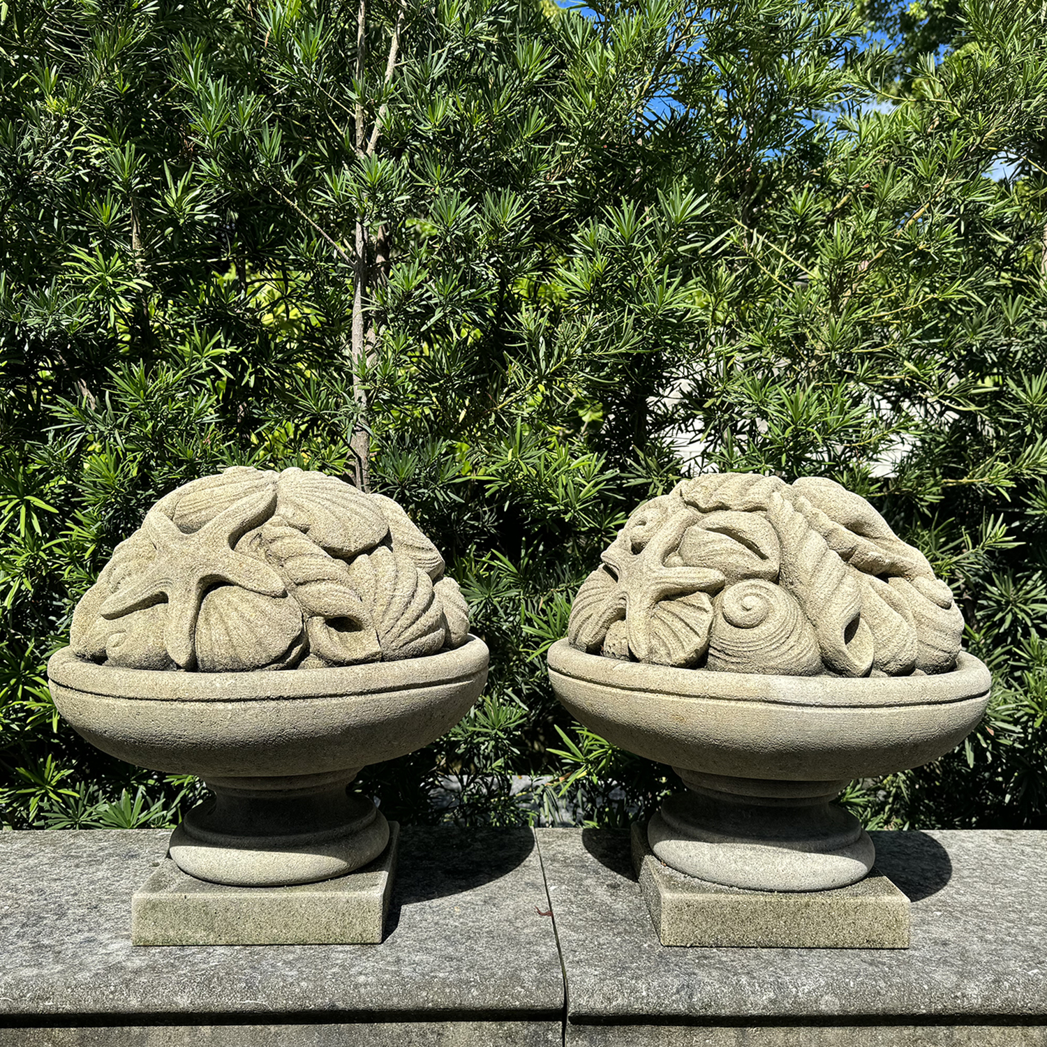 Pair of Circular Sea Life Garden Finials in Natural Stone