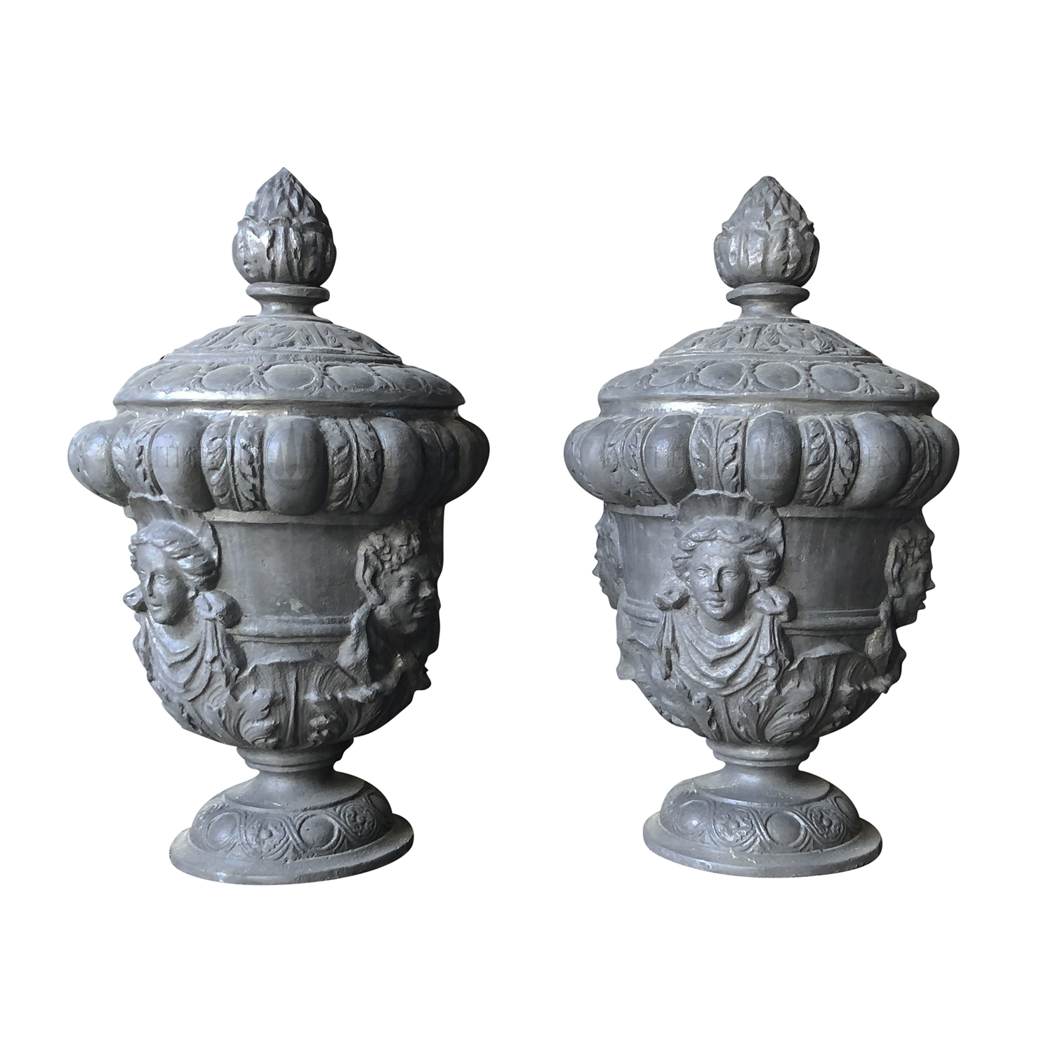 20th Century Grey British Pair of Lead Queen Anne Finials – Vintage Garden Urns