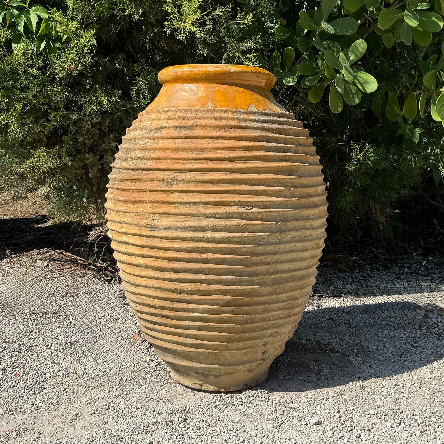Antique Ribbed Terracotta Garden Jar from Greece