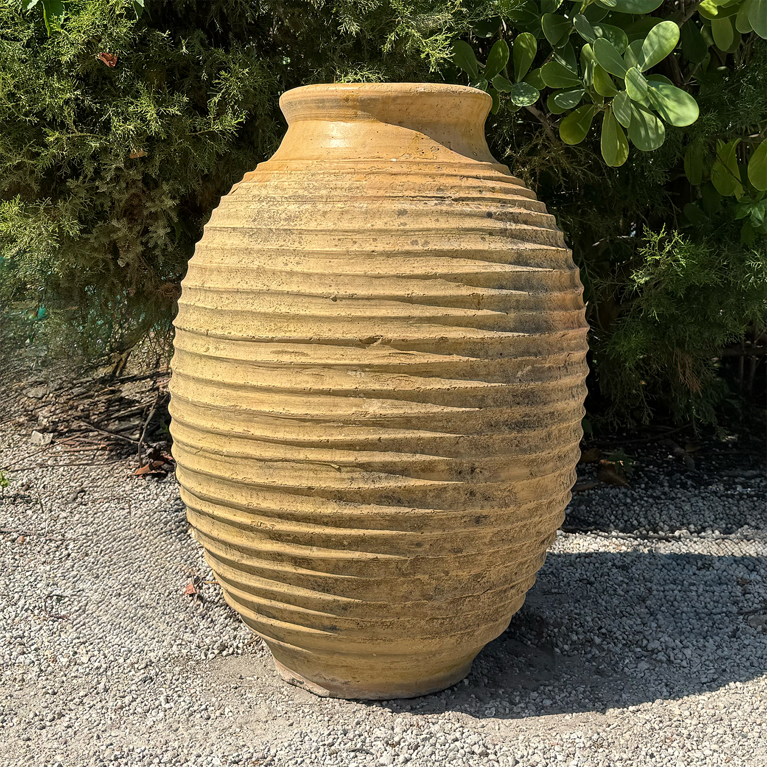 Handcrafted Tall Antique Greek Olive Jar with Ribbed Surface