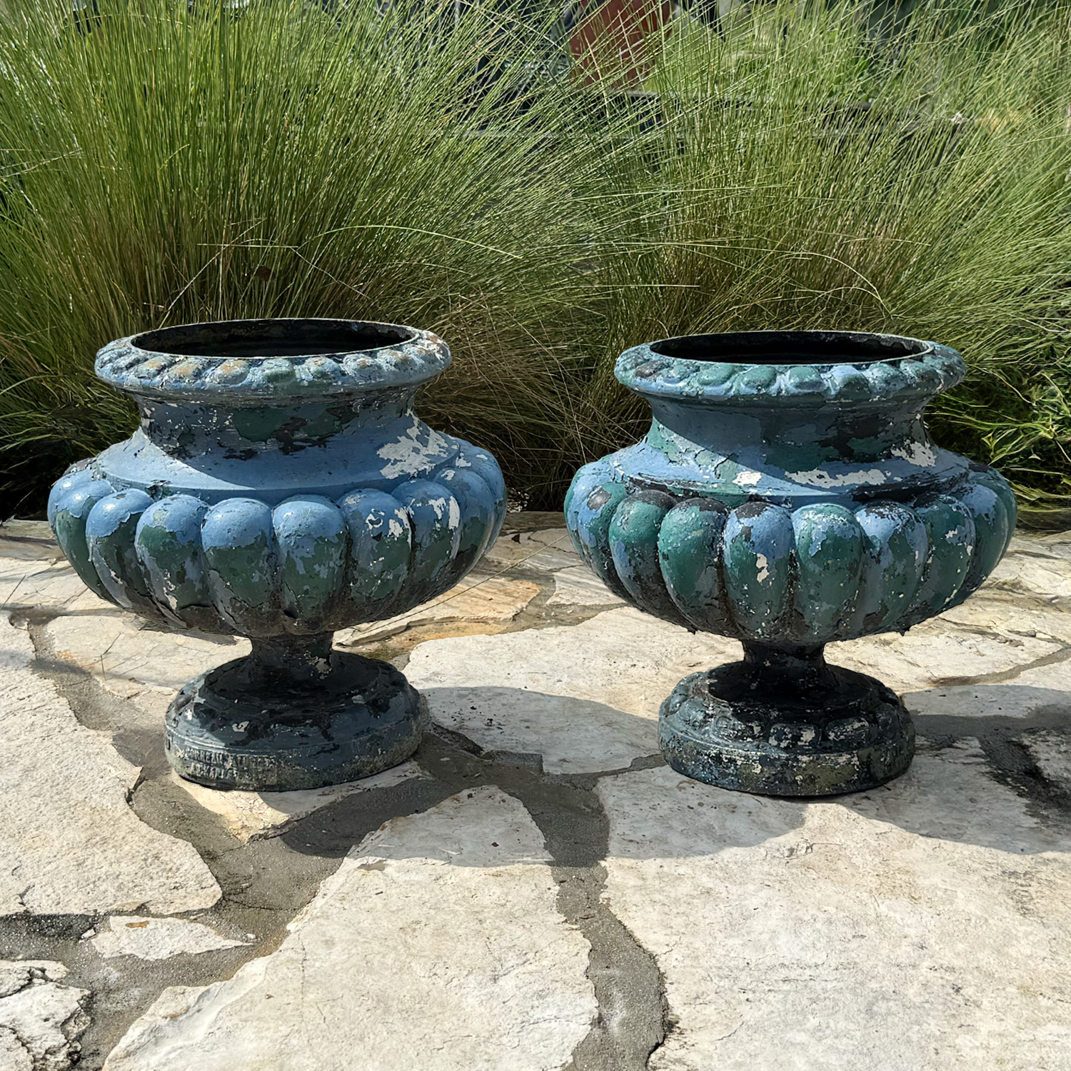 Pair of 19th Century French Iron Urns with Antique Blue Patina