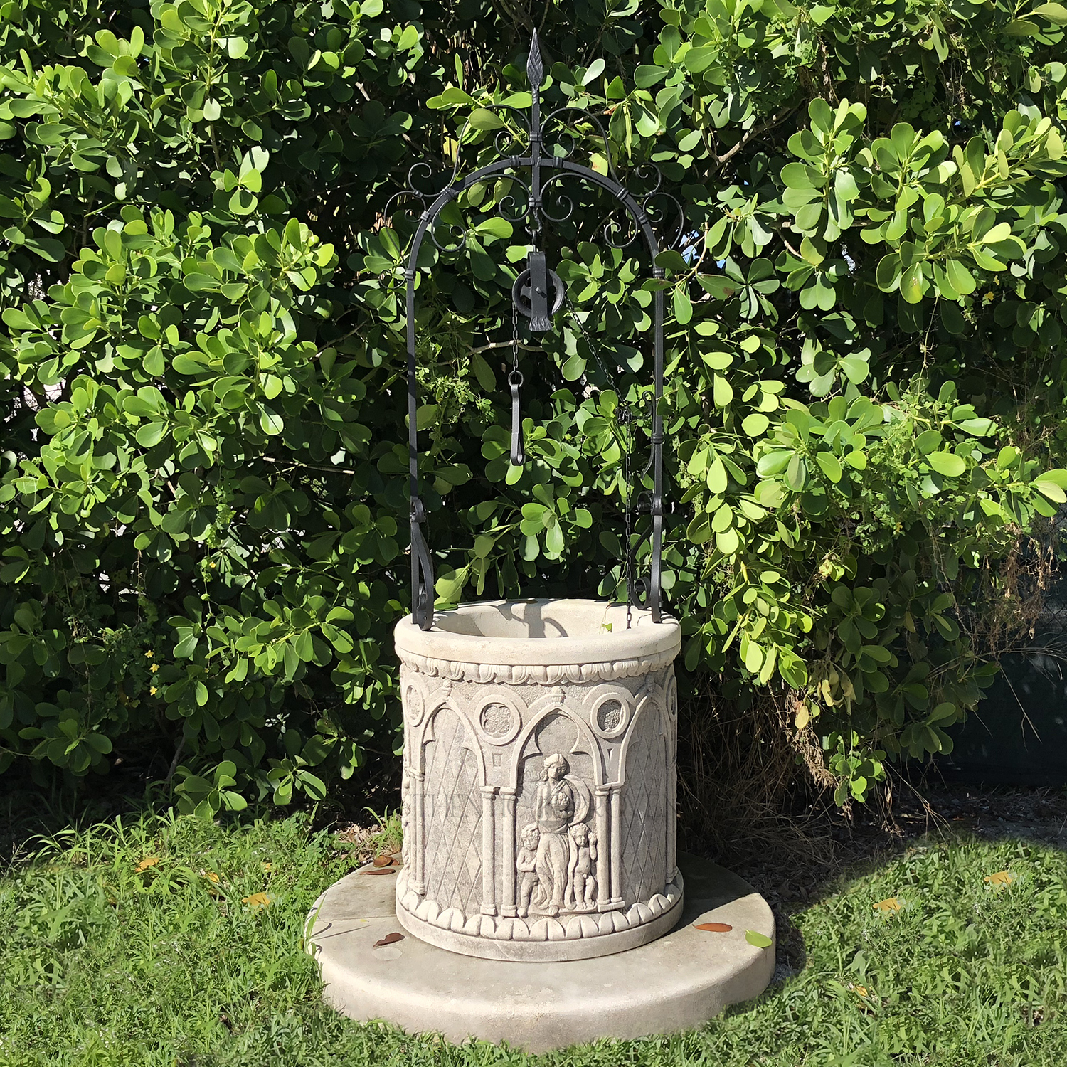 Gothic Style Wellhead with Ironwork in Hand Carved Italian Limestone