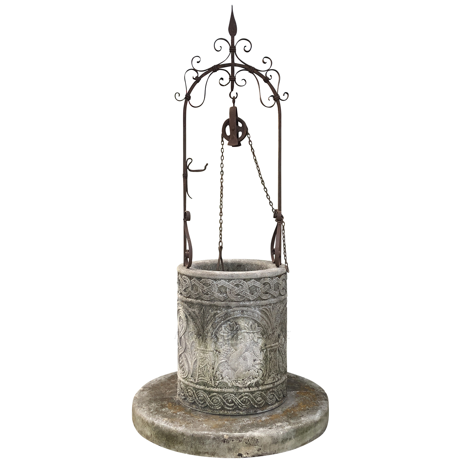 Byzantine Style Limestone Wellhead with Scrolled Iron Overthrow