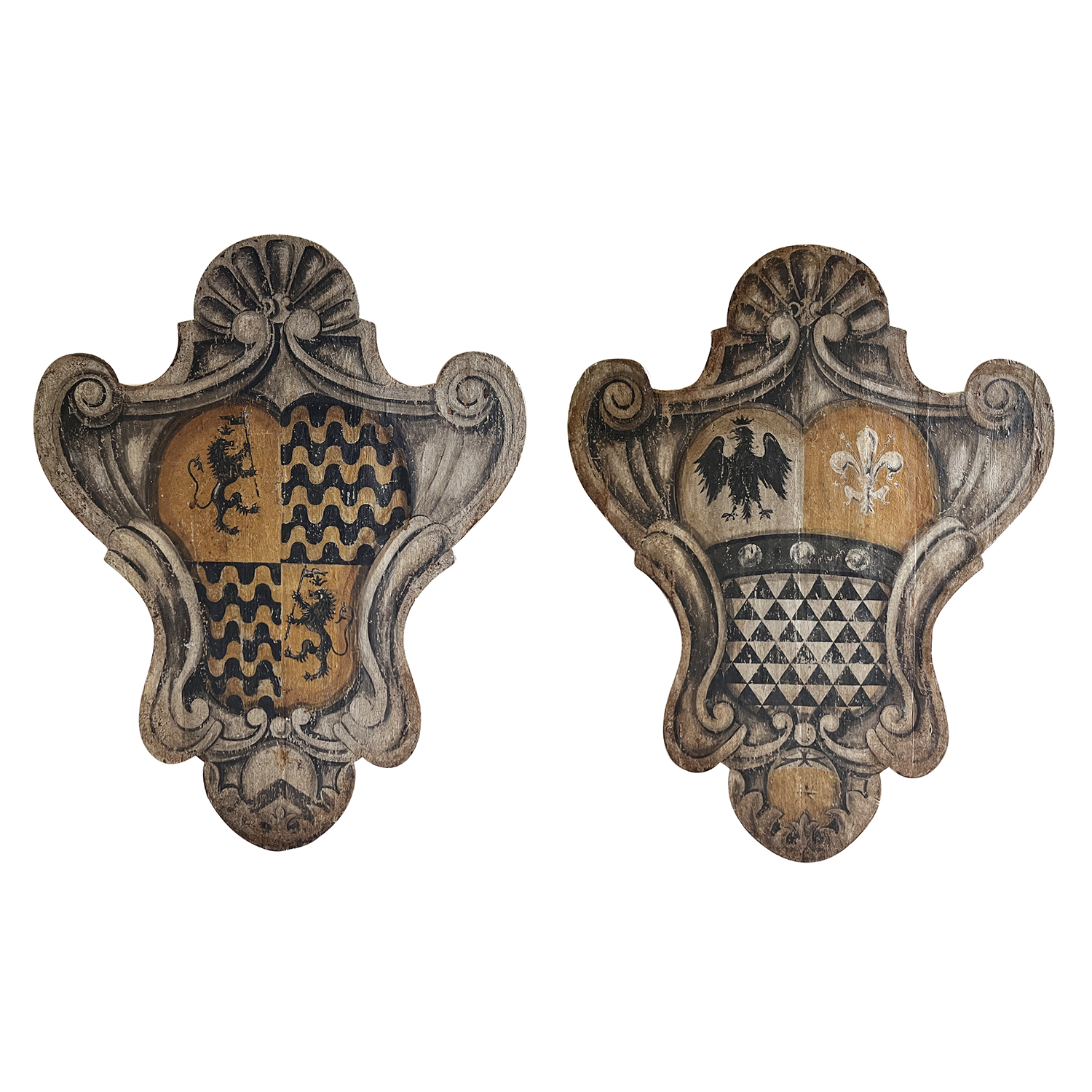 19th Century Italian Pair of Tuscan Pinewood Heraldry Crests – Antique Wall Décor