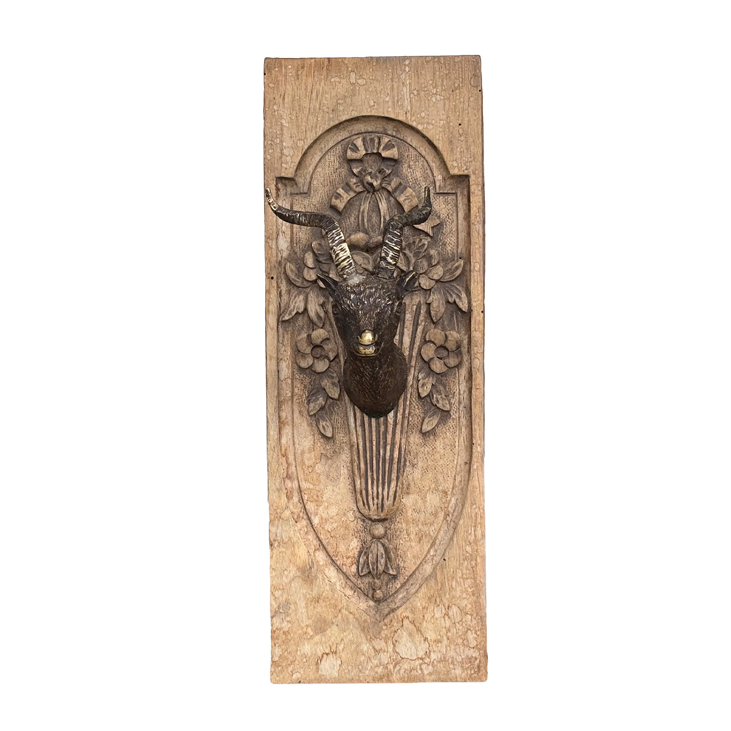 19th Century Mountain Goat Head in Bronze on Wooden Plaque from France