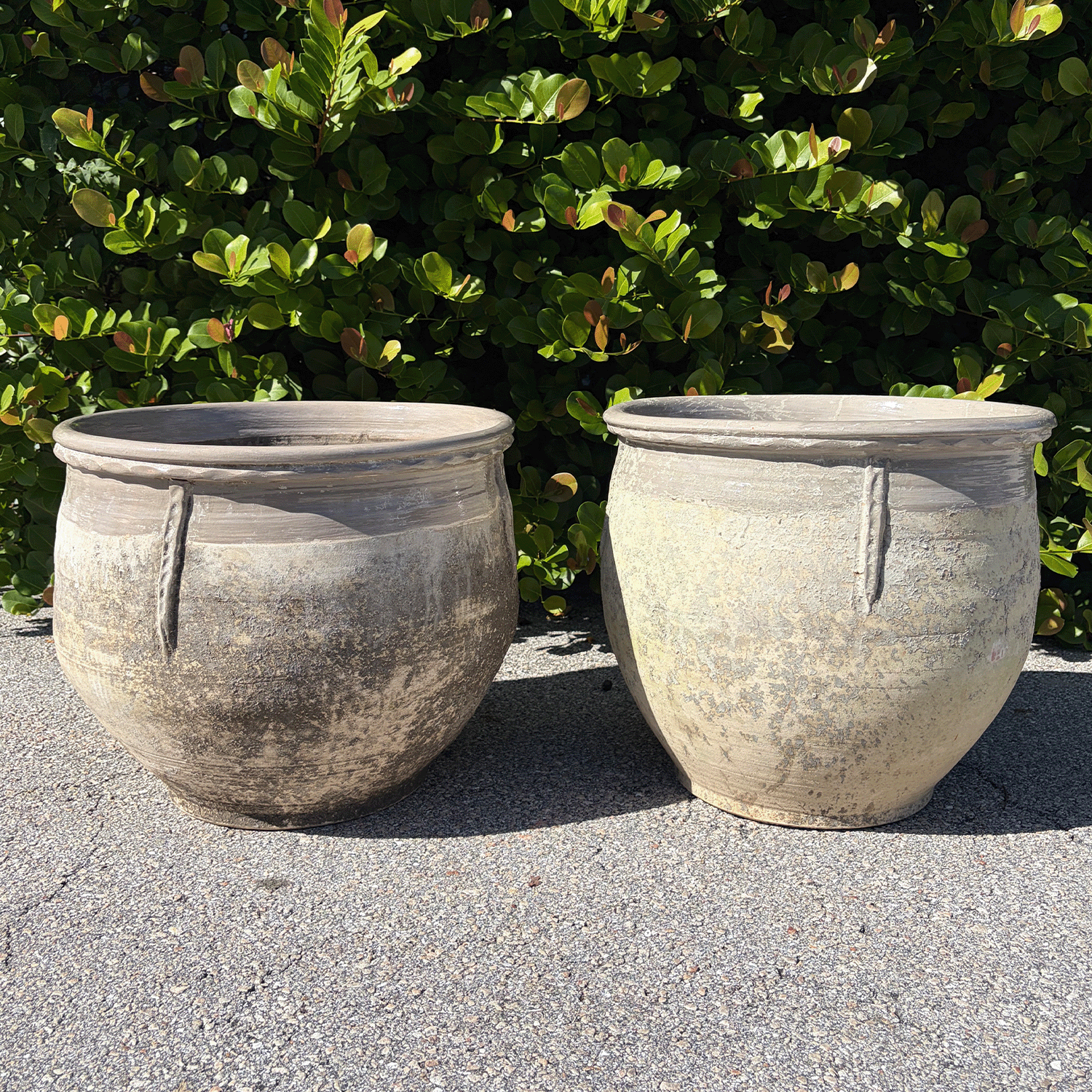 A Pair of Small Provincial Garden Planters with Grey Rim from France