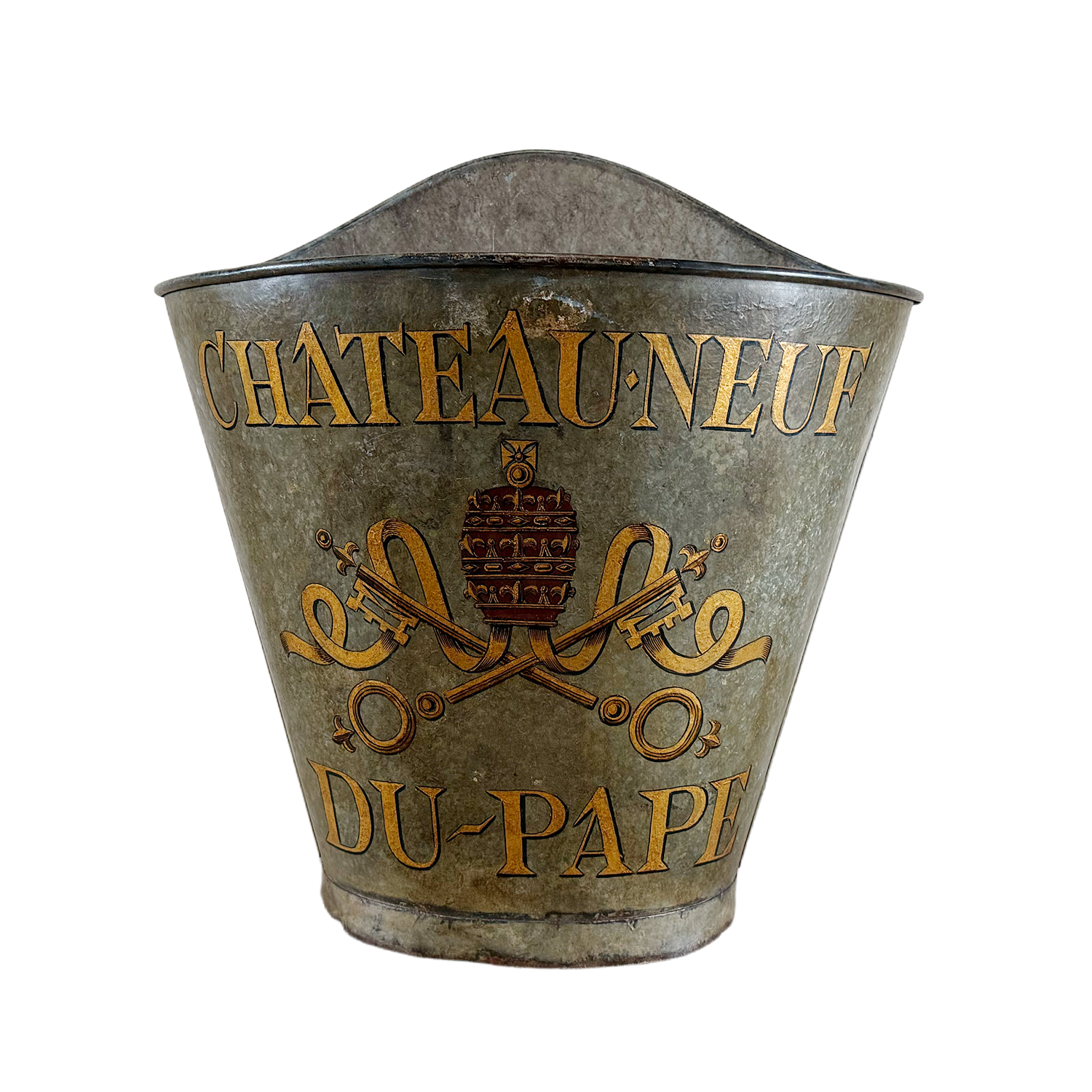 20th Century French Painted Metal Châteauneuf-du-Pape Harvest Carrier Hotte in Grey Green