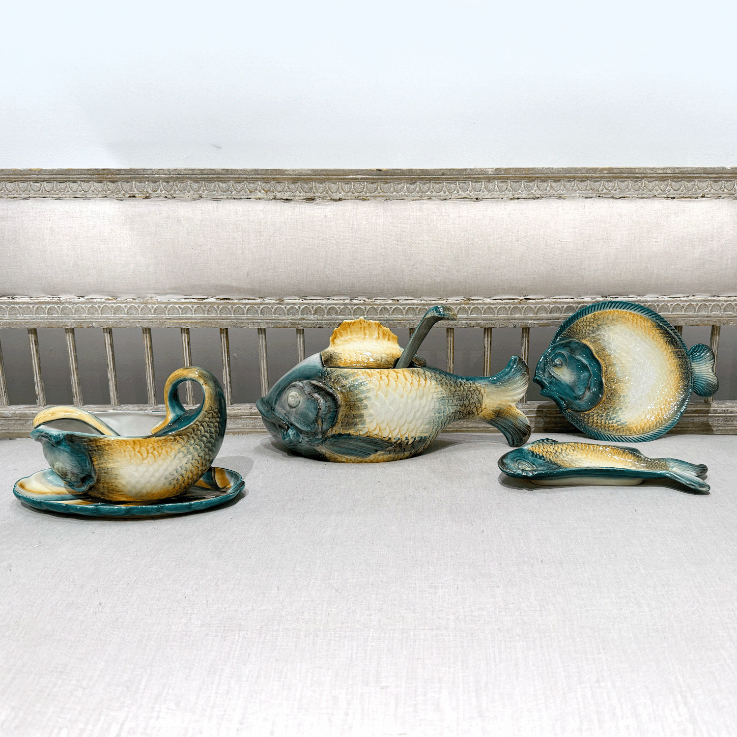 European Vintage Figural Fish Dishware Set in Glazed Ceramic