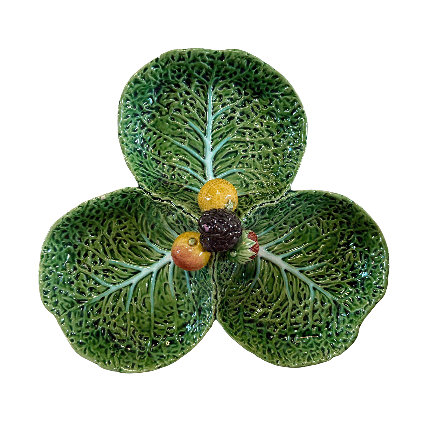 Green Cabbage Leaf Ceramic Dish with Fruit Motif