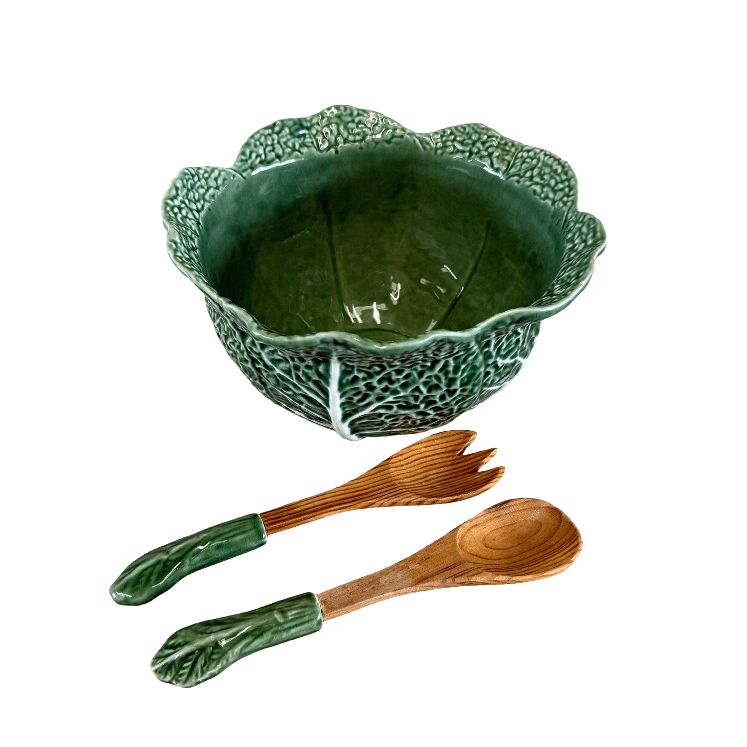 Portuguese Majolica Cabbage Bowl and Spoon Set in Glazed Green