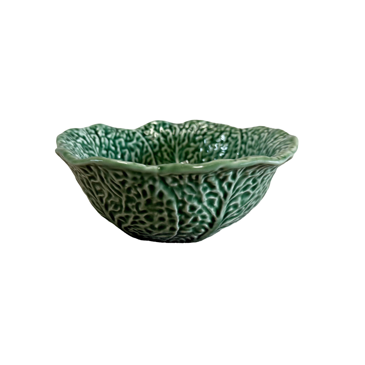 Small Vintage Cabbage Leaf in Green Ceramic Bowl Made in Portugal