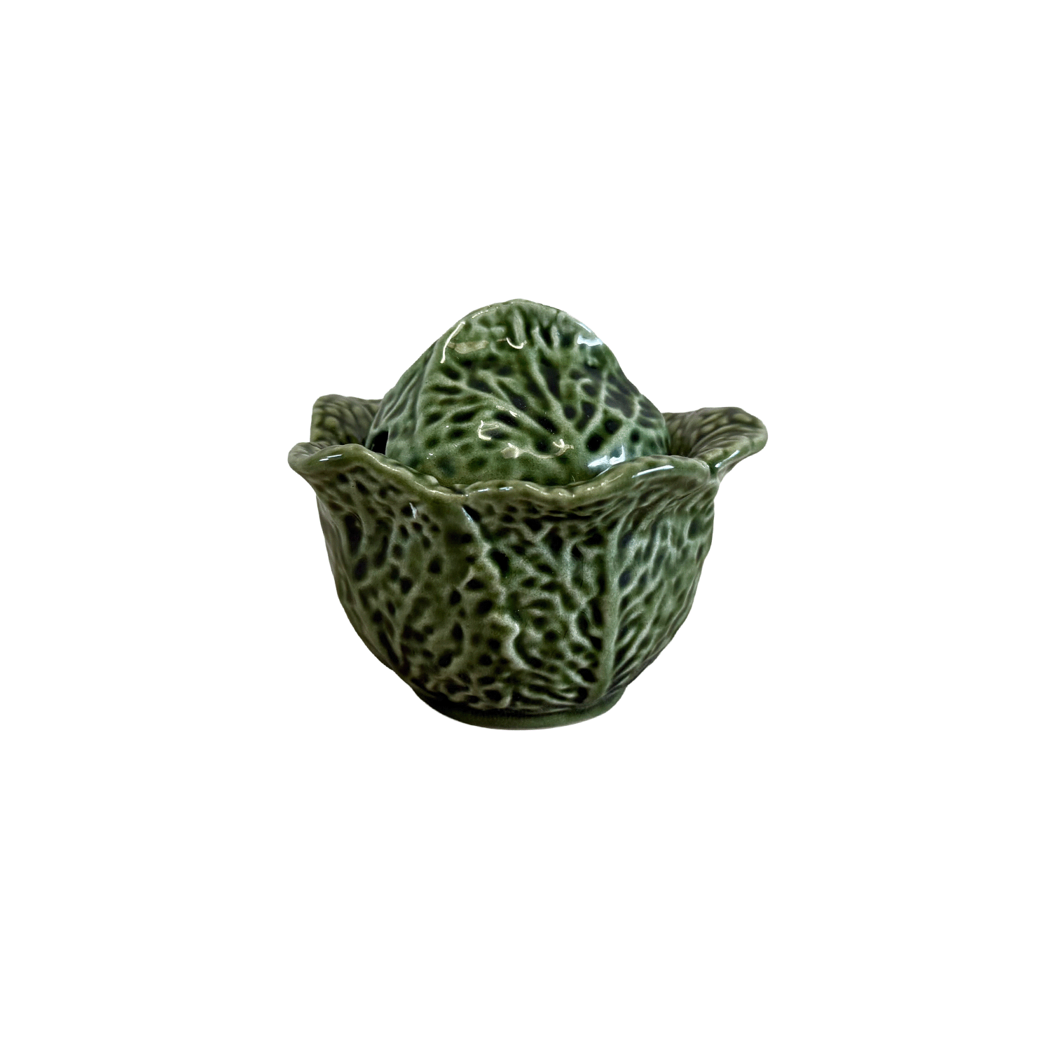 A Vintage Hand-Crafted Portuguese Cabbage Leaf Lidded Sugar Bowl with a Green Glaze