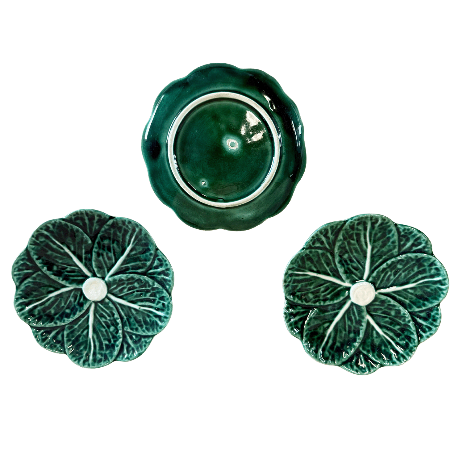 A Set of Three Vintage Small Majolica Cabbage Leaf Dishes by Bordallo Pinheiro, Portugal
