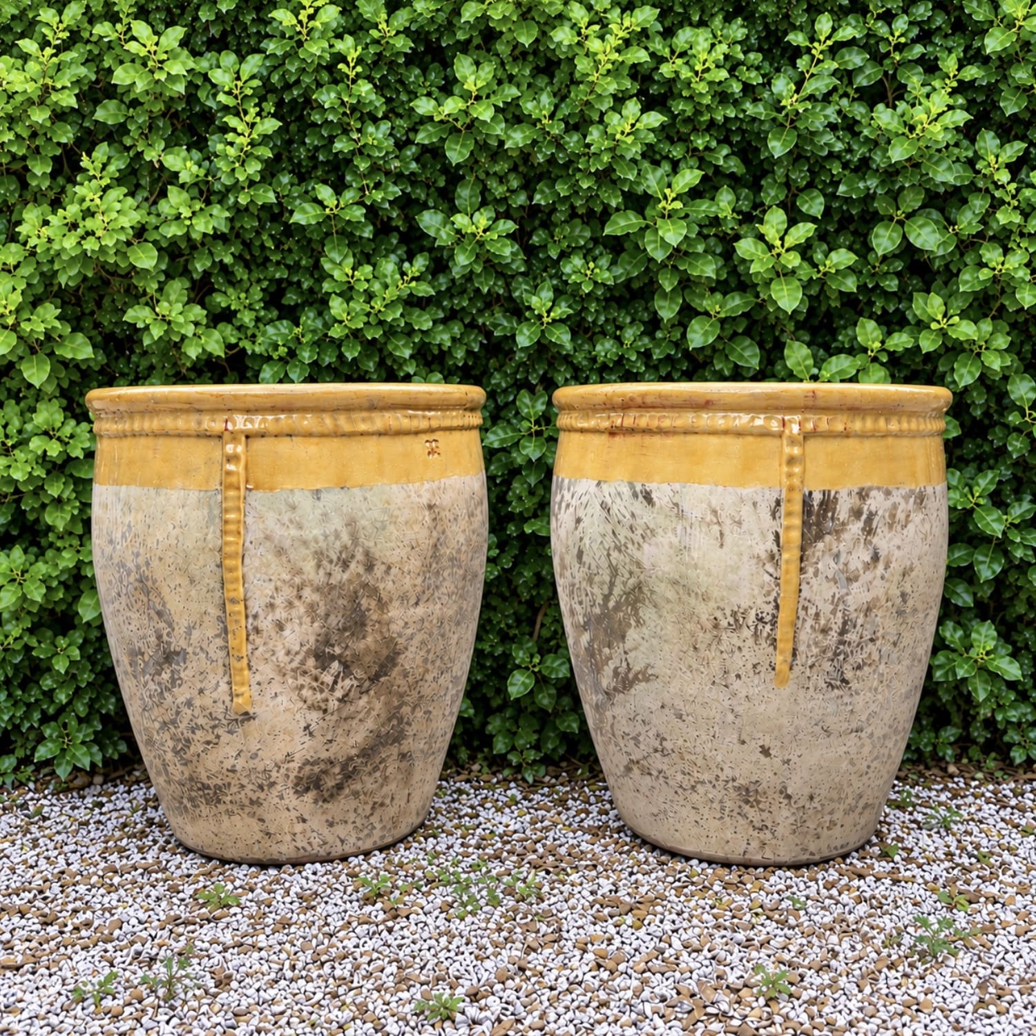 A Pair of Large Provincial Garden Planters with Yellow Rim from France