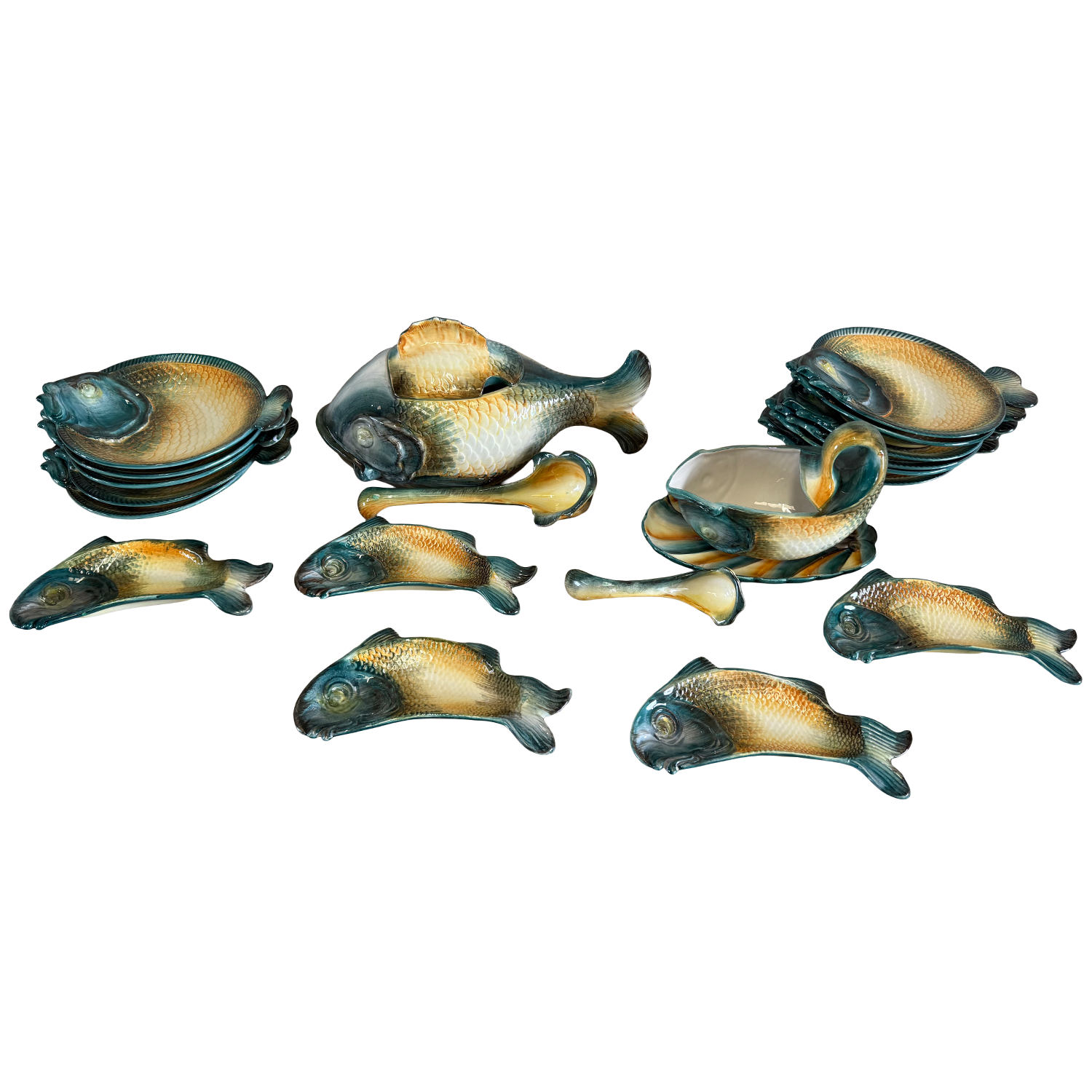 European Vintage Figural Fish Dishware Set in Glazed Ceramic