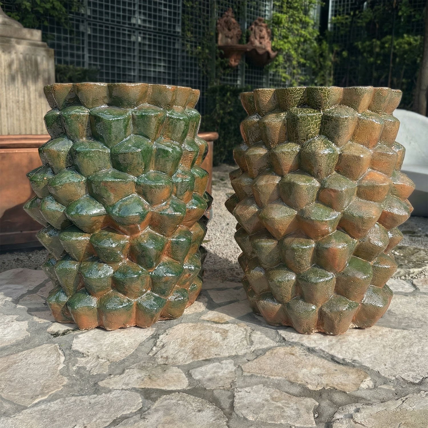 Pair of Palmtree Trunk Terracotta Planters in Olive Green