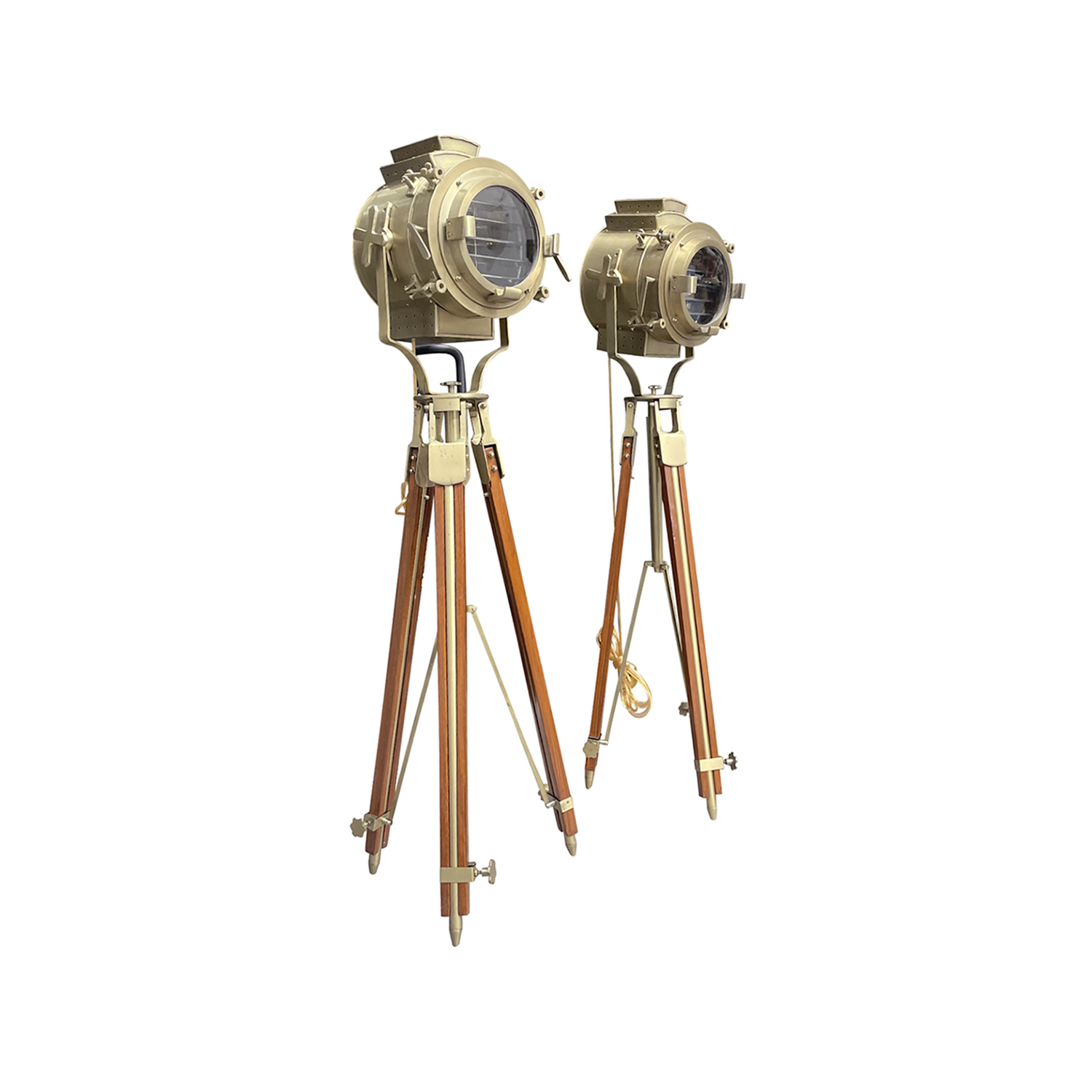 20th Century French Pair of Metal Spotlights – Cinema Walnut Floor Lamps