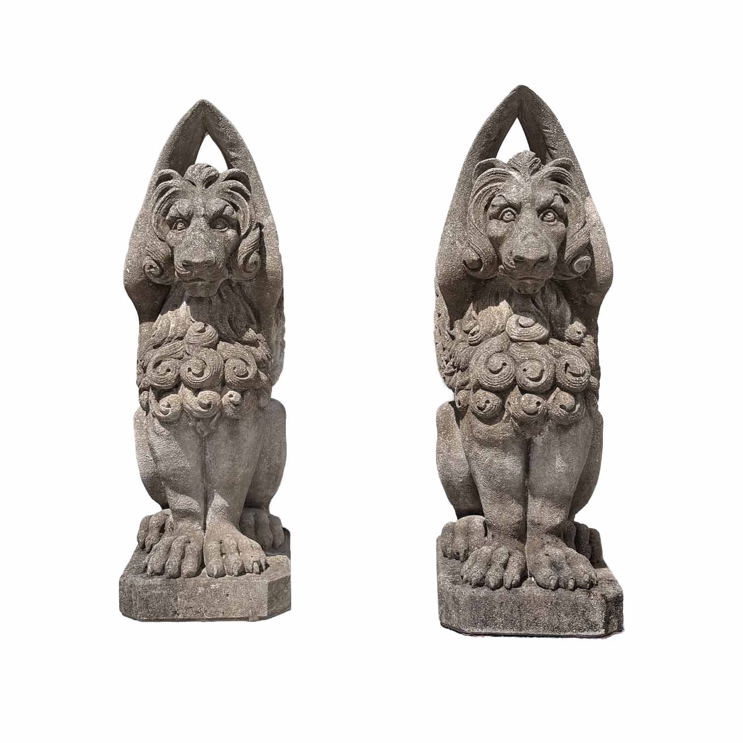 Pair of early Italian 20th Century carved Limestone Winged Lion Garden Statues