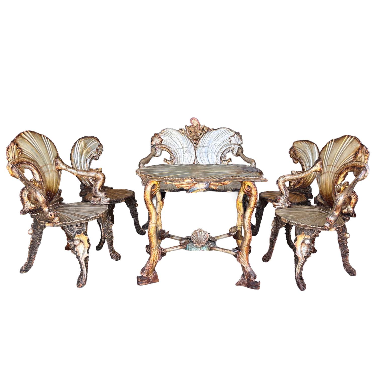 Late 19th Century Venetian Silvered Grotto Suite with Table, Bench and Four Chairs